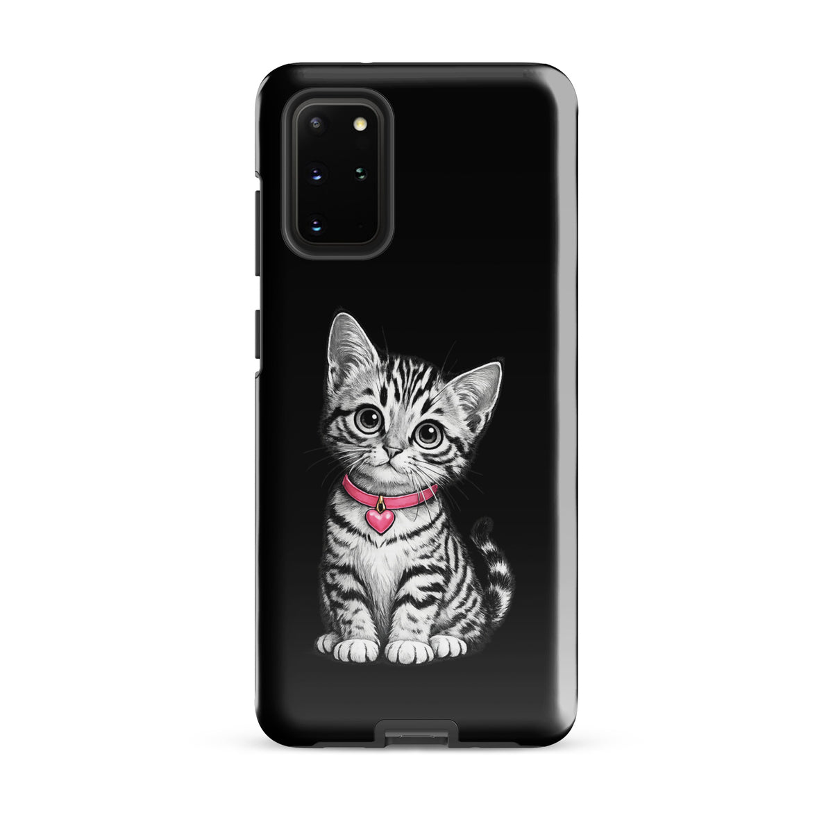 Phone Case for Samsung Galaxy featuring a pencil-sketch kitten with a pink heart charm on a black background.