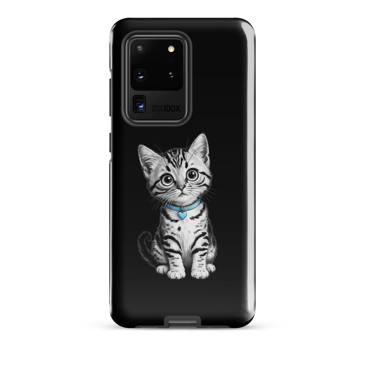 Phone Case for Samsung Galaxy featuring a pencil-sketch kitten with a blue heart charm on a black background.