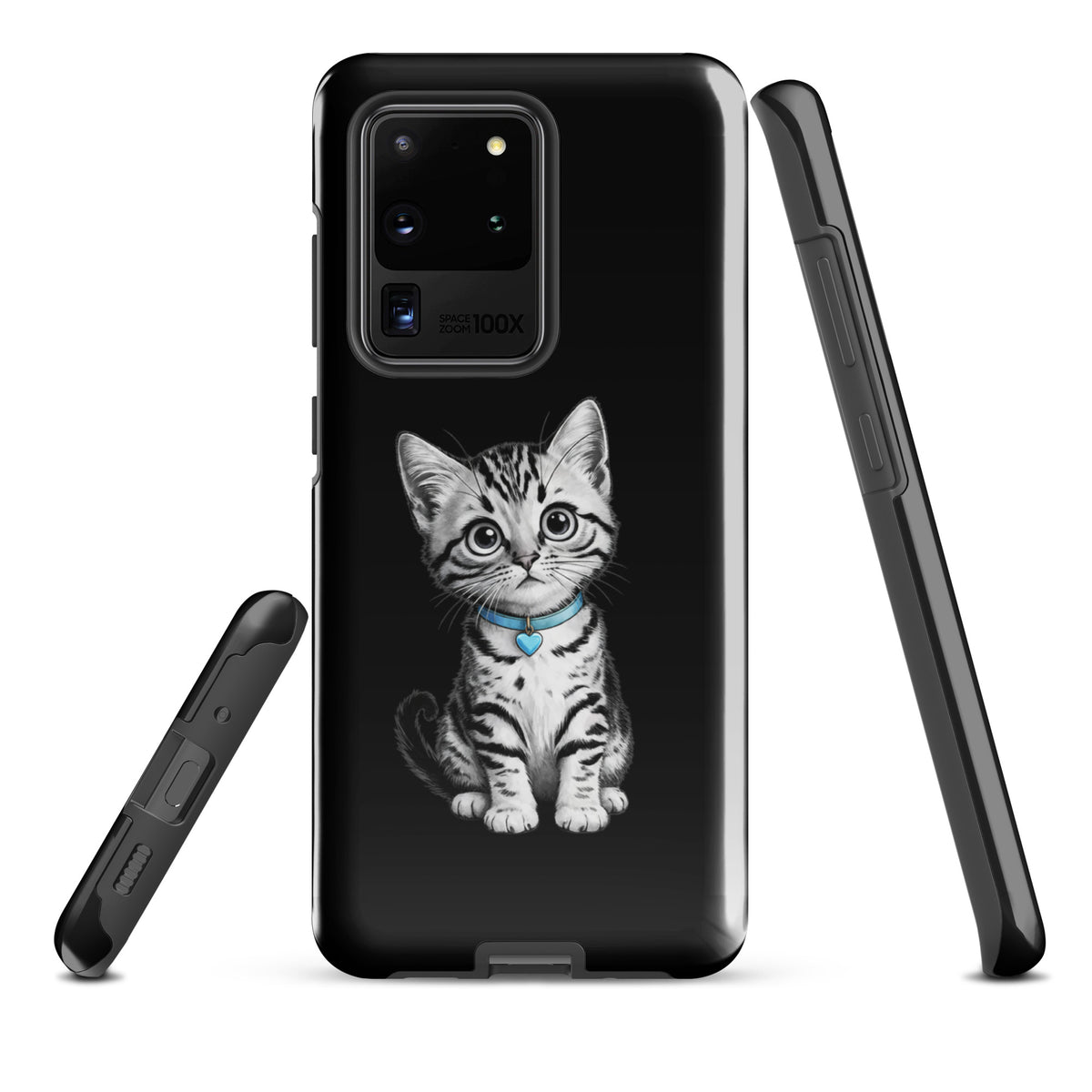 Phone Case for Samsung Galaxy featuring sketch of kitten with blue heart charm