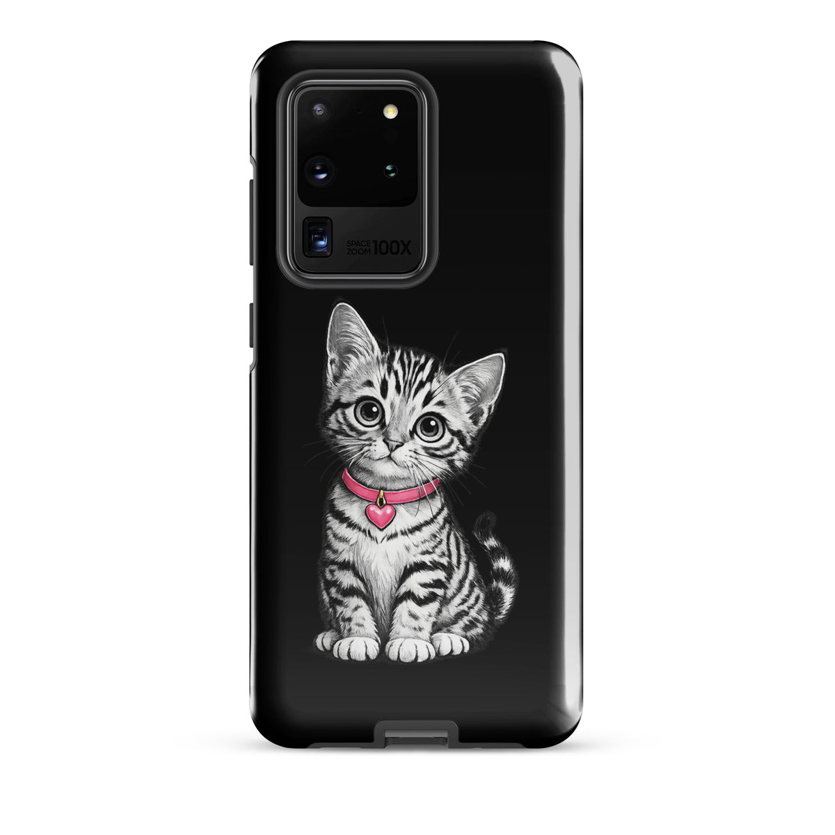 Phone Case for Samsung Galaxy with kitten and pink heart charm design, featuring pencil-sketch style and detailed fur