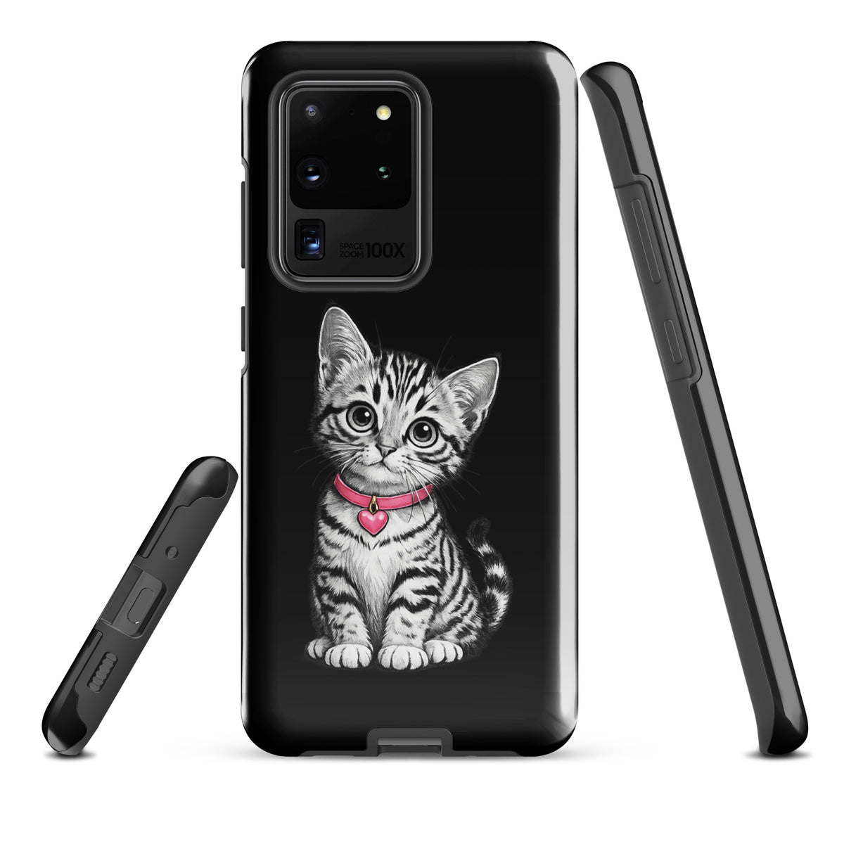 Phone Case for Samsung Galaxy with kitten design, featuring pencil-sketch kittens with pink heart charm for premium device protection.