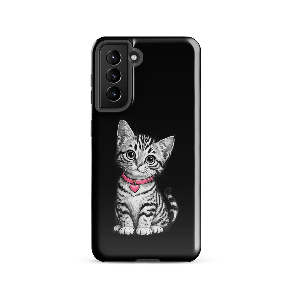 Phone Case for Samsung Galaxy with kitten sketch and pink heart charm design