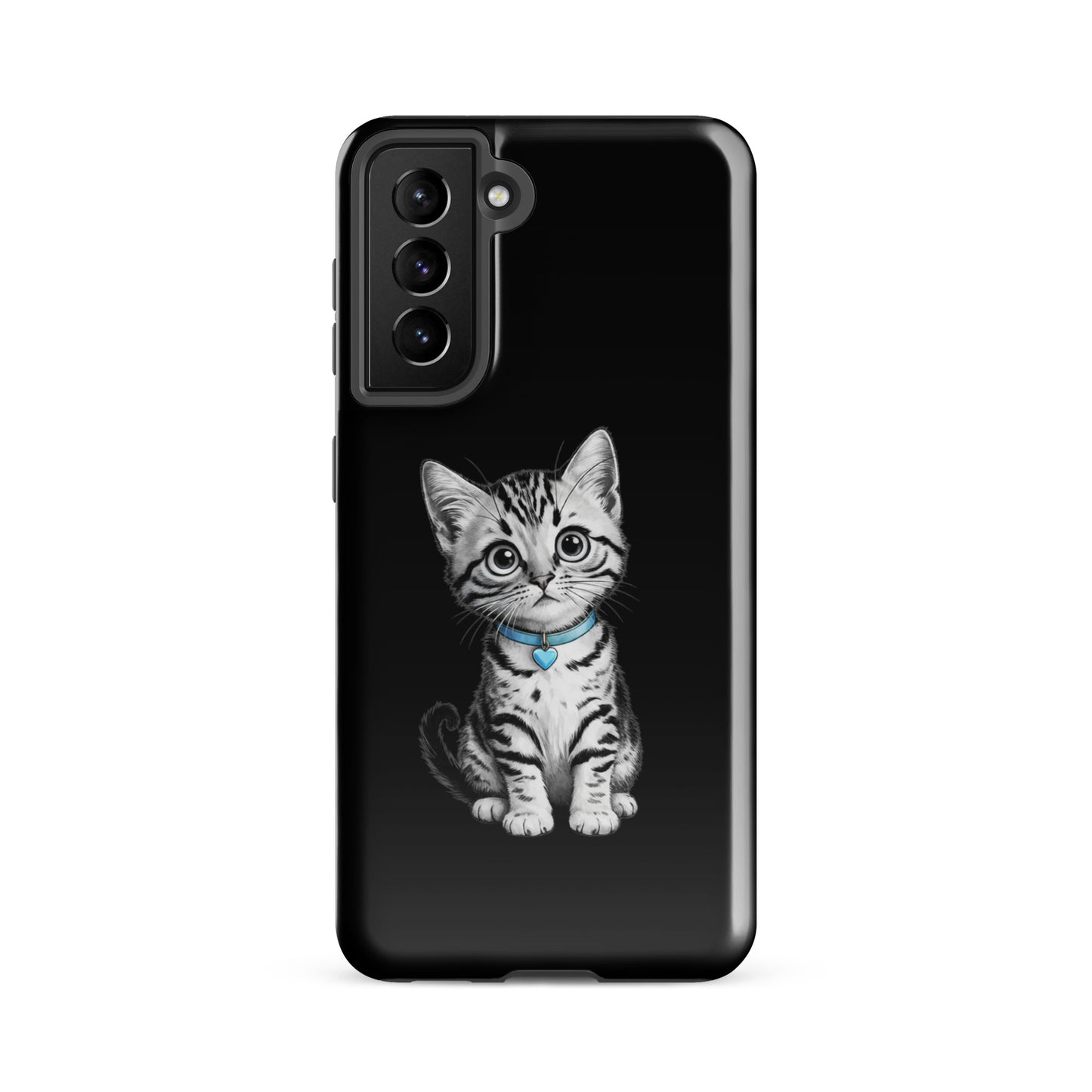 Phone Case for Samsung Galaxy featuring pencil-sketch kitten with blue heart charm, black-and-white design for stylish protection.