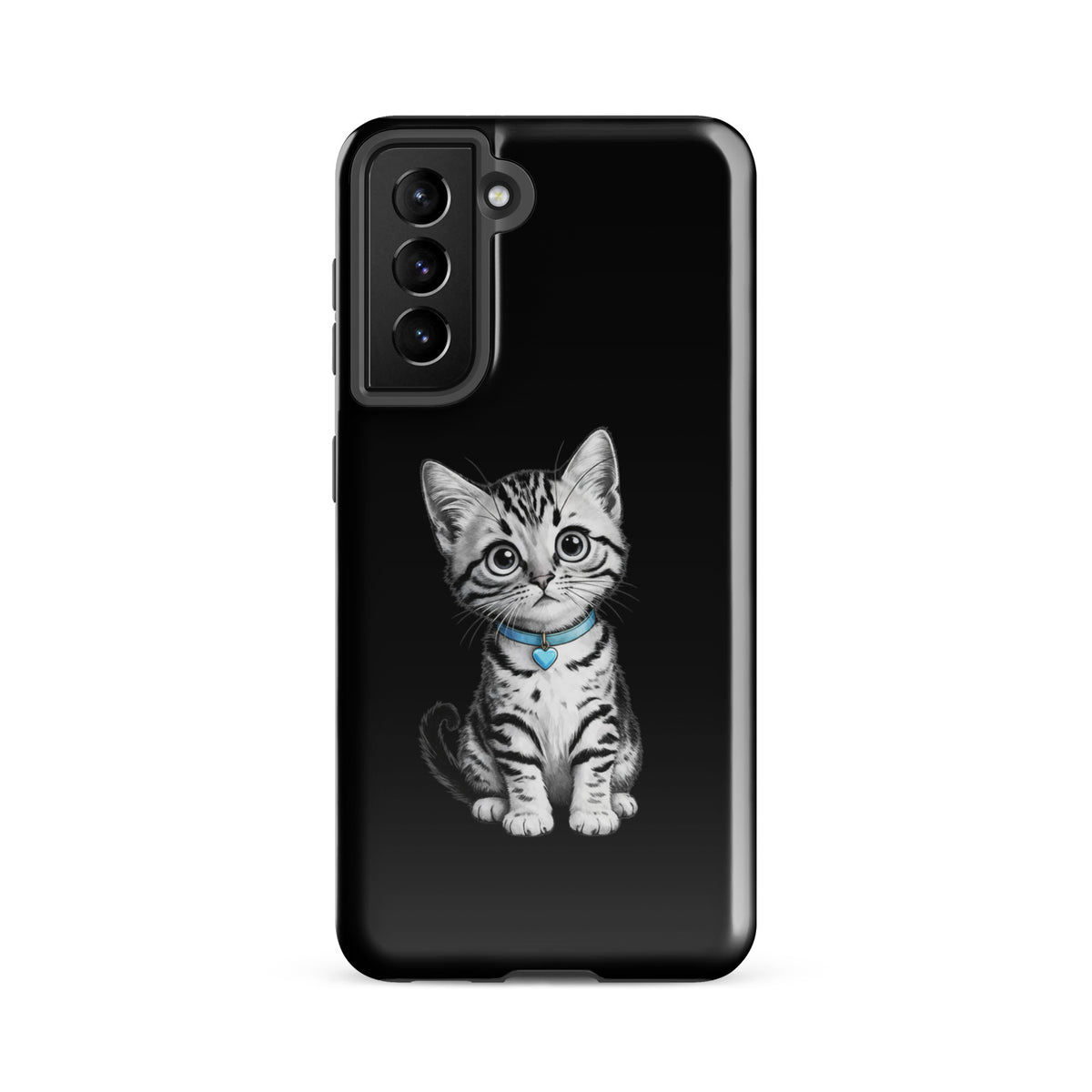 Phone Case for Samsung Galaxy featuring pencil-sketch kitten with blue heart charm, black-and-white design for stylish protection.
