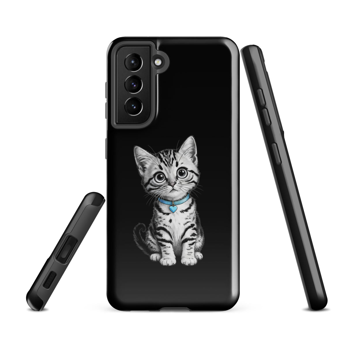 Phone Case for Samsung Galaxy featuring kitten design with blue heart charm and black-and-white pencil sketch style.