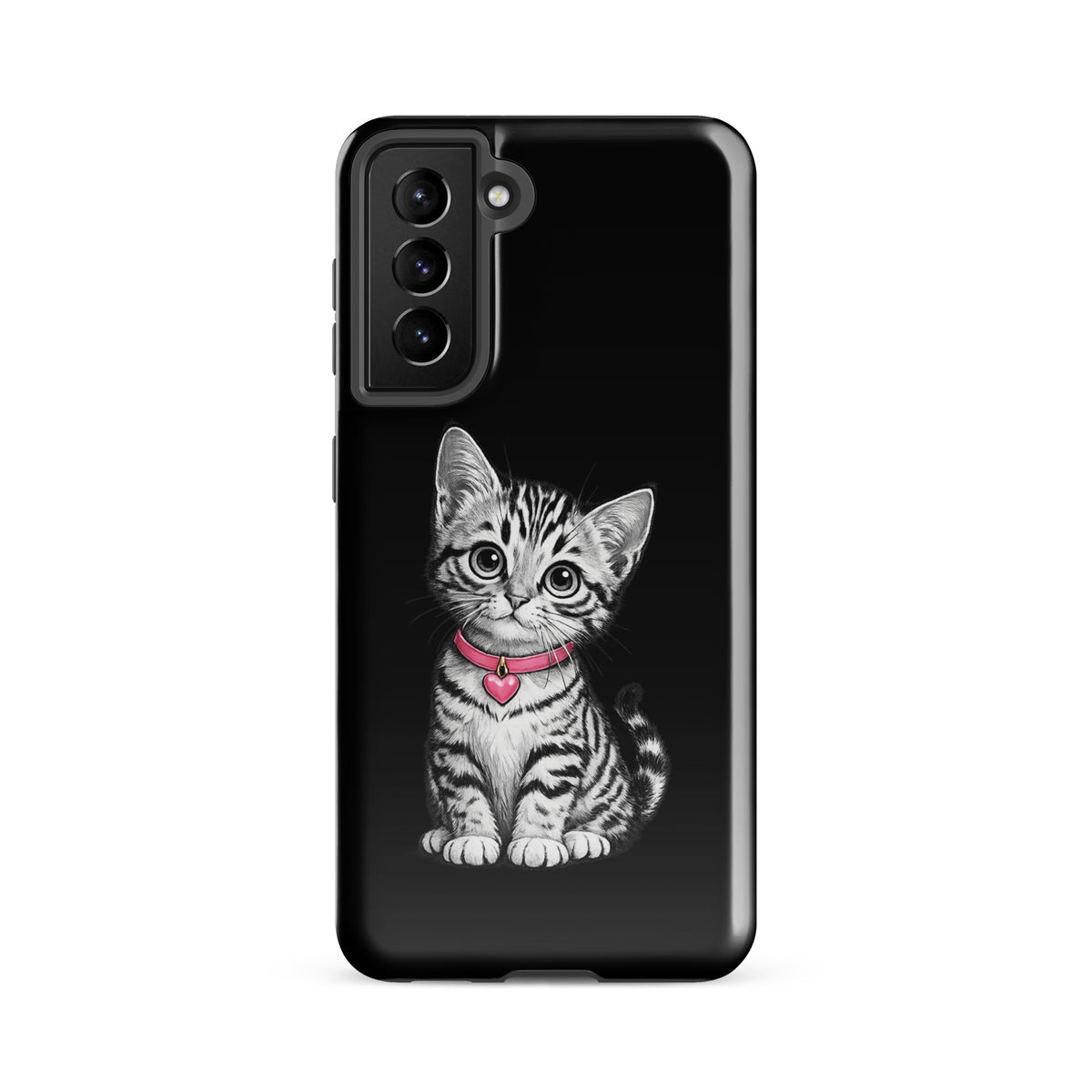 Phone Case for Samsung Galaxy featuring pencil-sketch kitten with pink collar and heart charm on black background. Premium protective phone case.