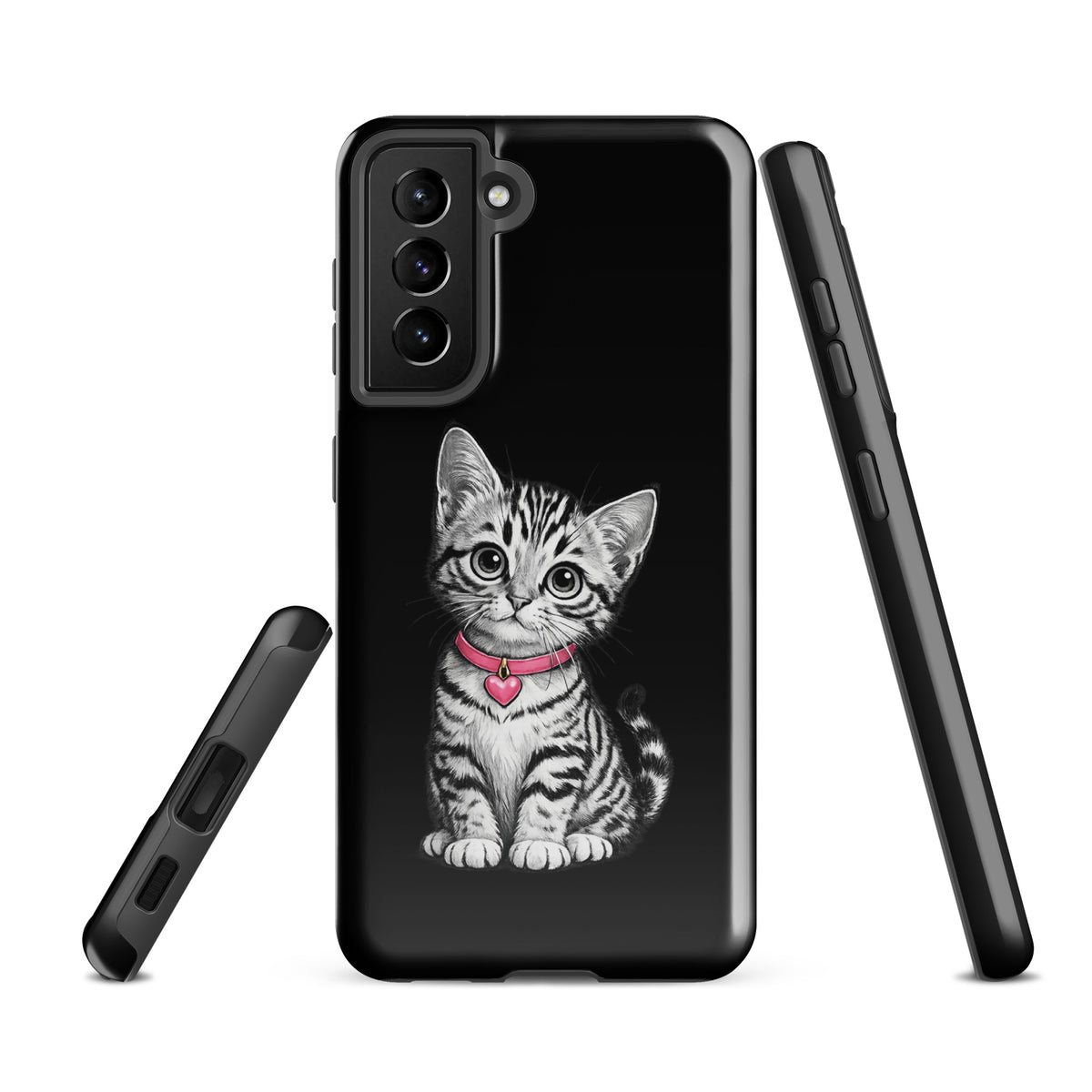 Phone Case for Samsung Galaxy with sketch kittens and pink heart charm.