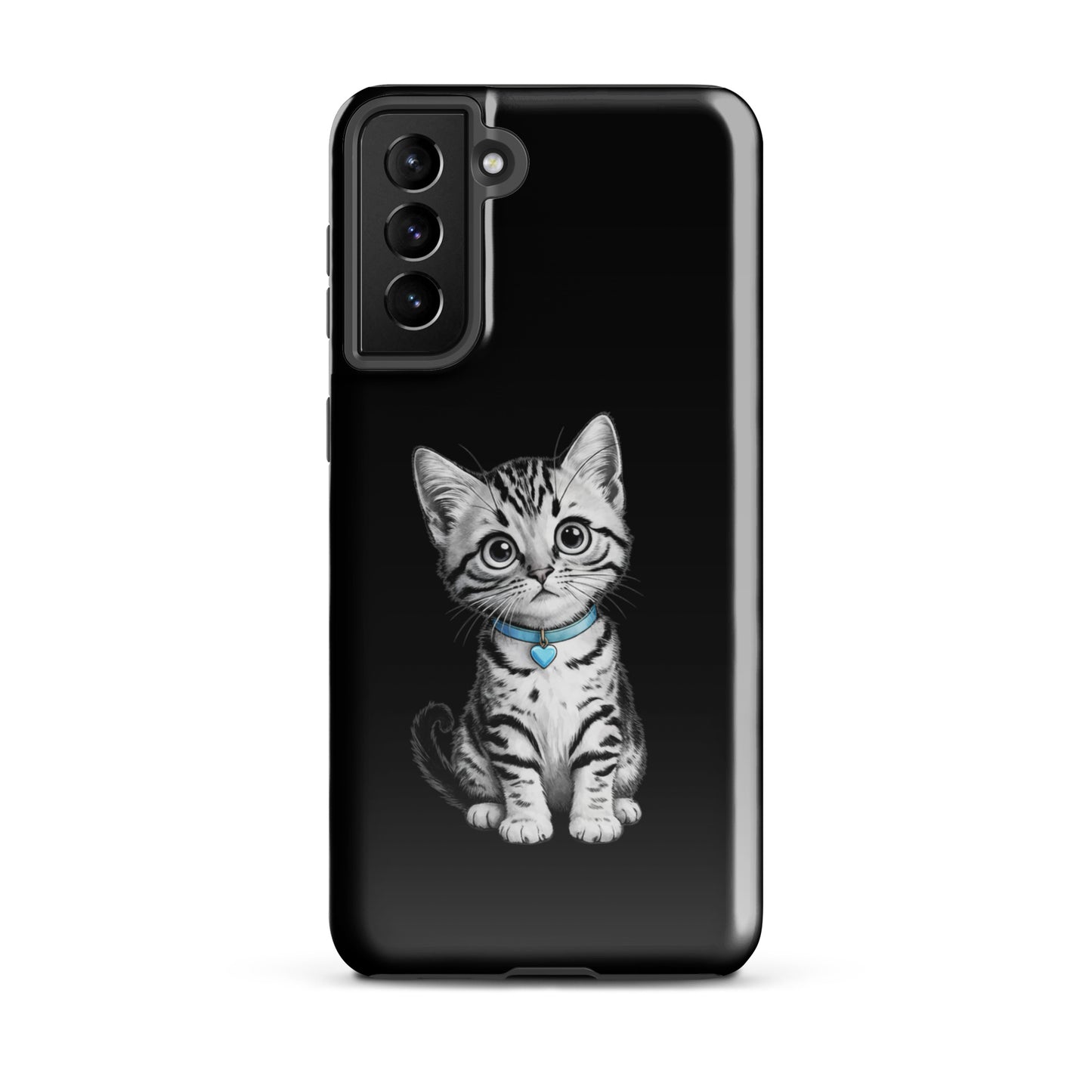 Phone Case for Samsung Galaxy featuring black-and-white kitten with a blue heart charm collar on a protective cover.
