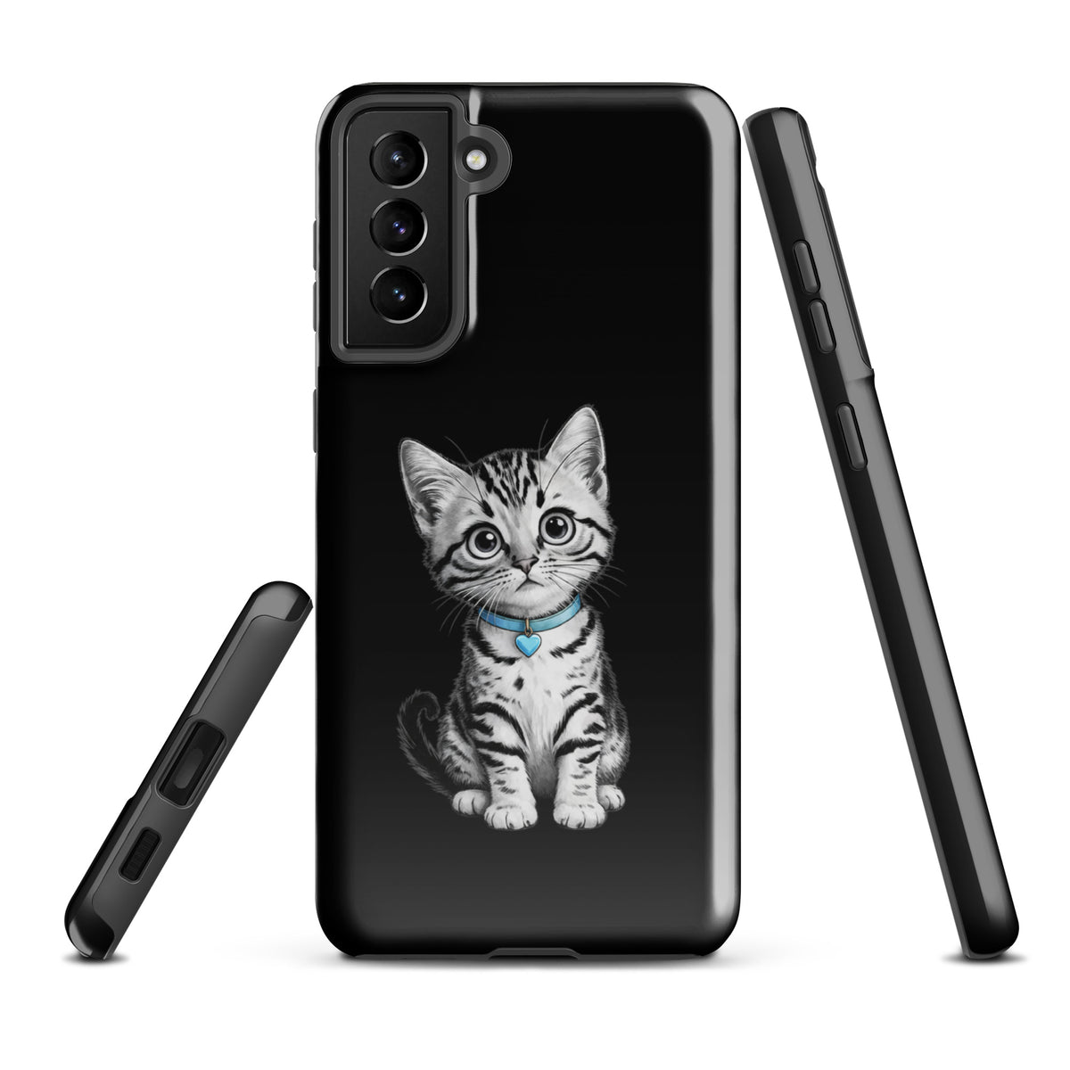 Phone Case for Samsung Galaxy with kitten and blue heart charm, featuring pencil-sketch design on black background