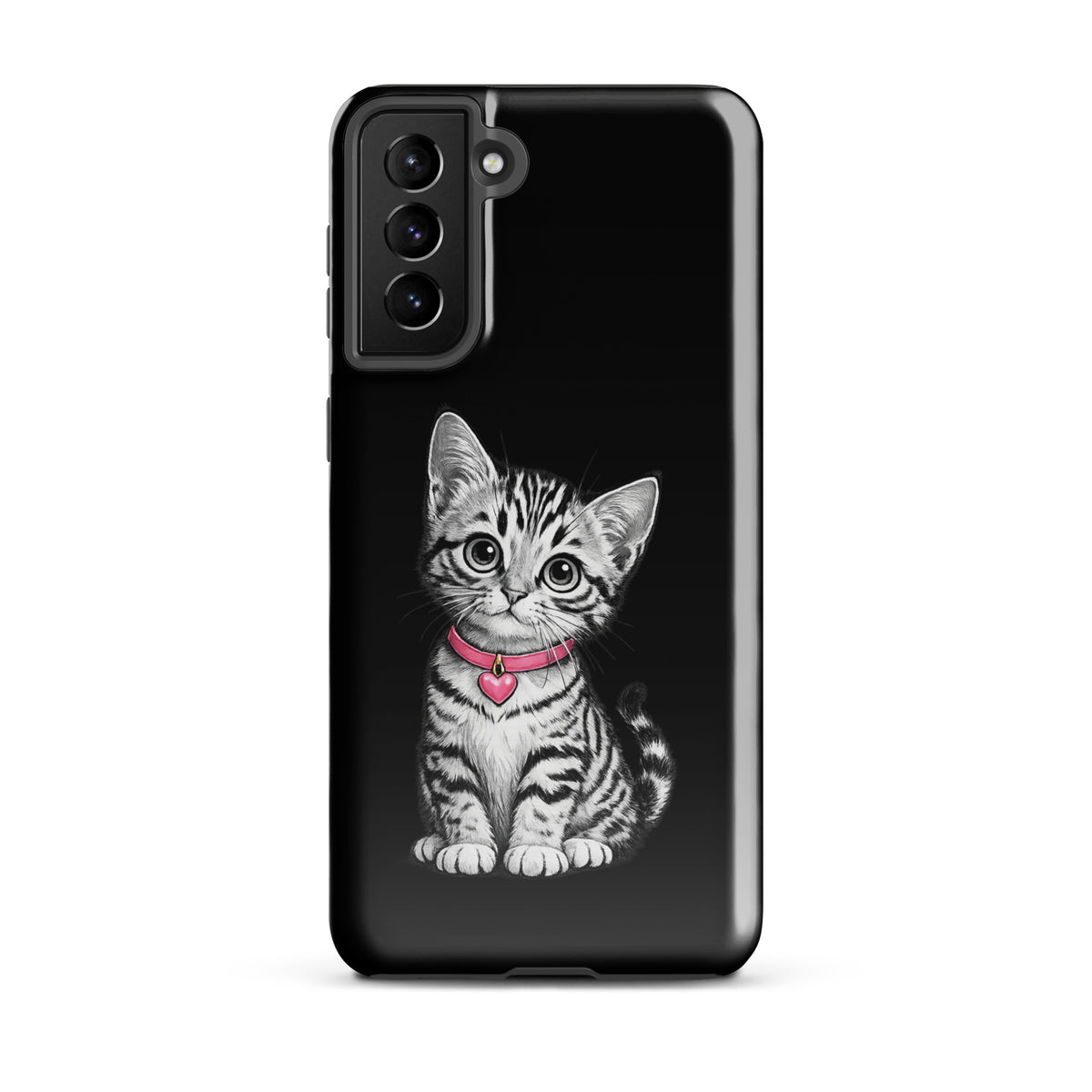 Phone Case for Samsung Galaxy with kitten design and pink heart charm, black-and-white artful kitten illustration with pink collar.