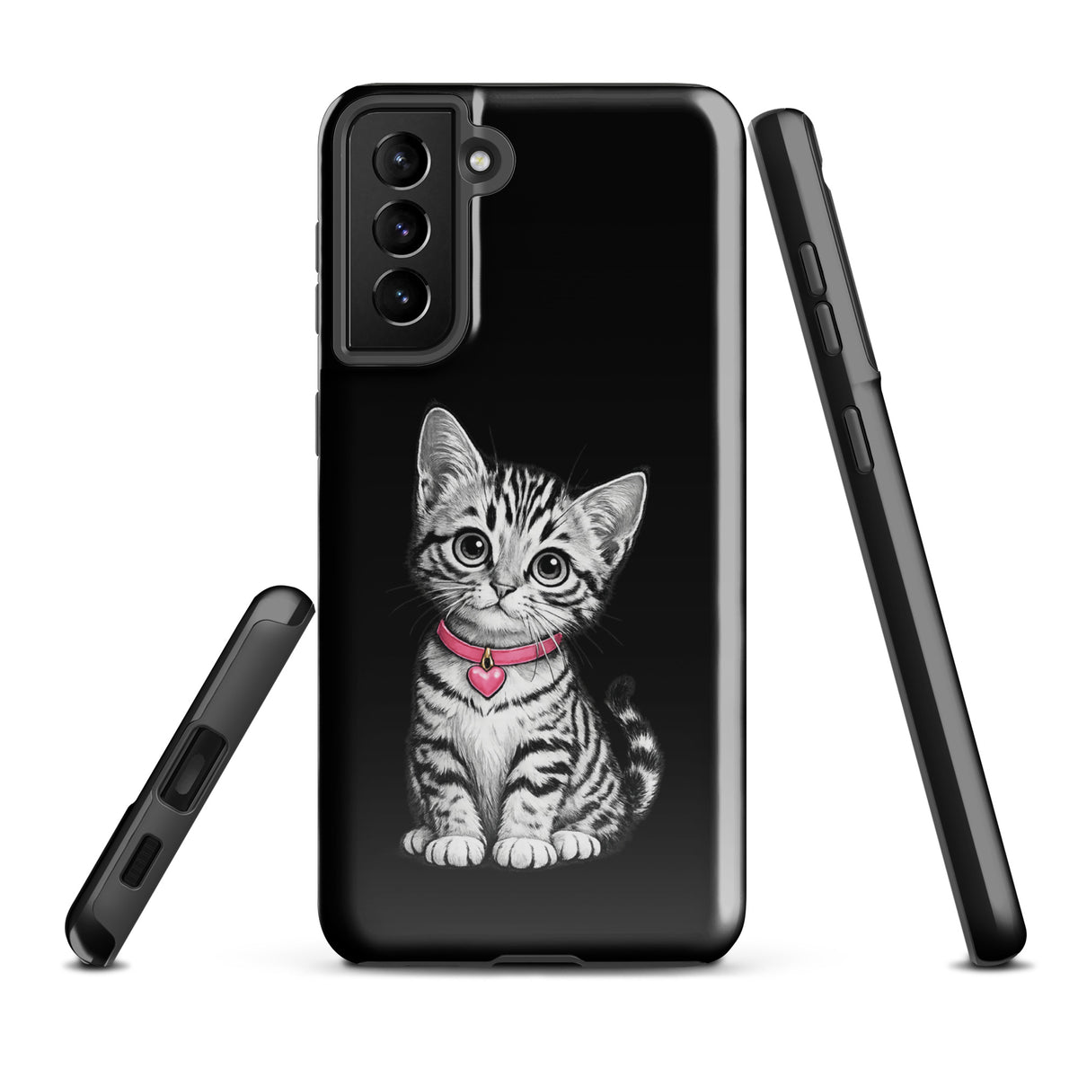 Phone Case for Samsung Galaxy with kitten and pink heart charm design