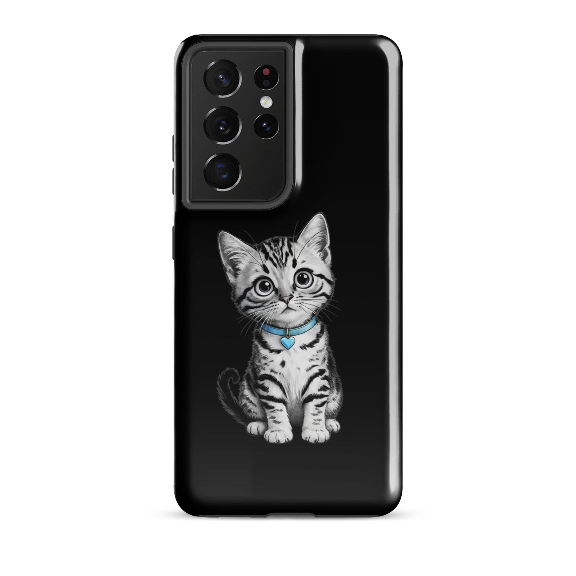 Phone Case for Samsung Galaxy featuring kitten with blue heart charm on black background