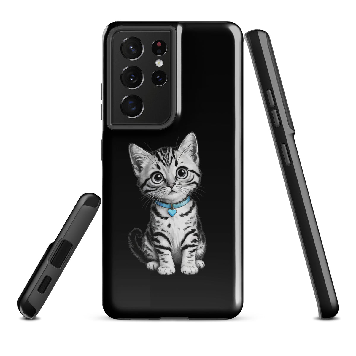Phone Case for Samsung Galaxy featuring kitten with blue heart charm in black-and-white pencil sketch on protective cover