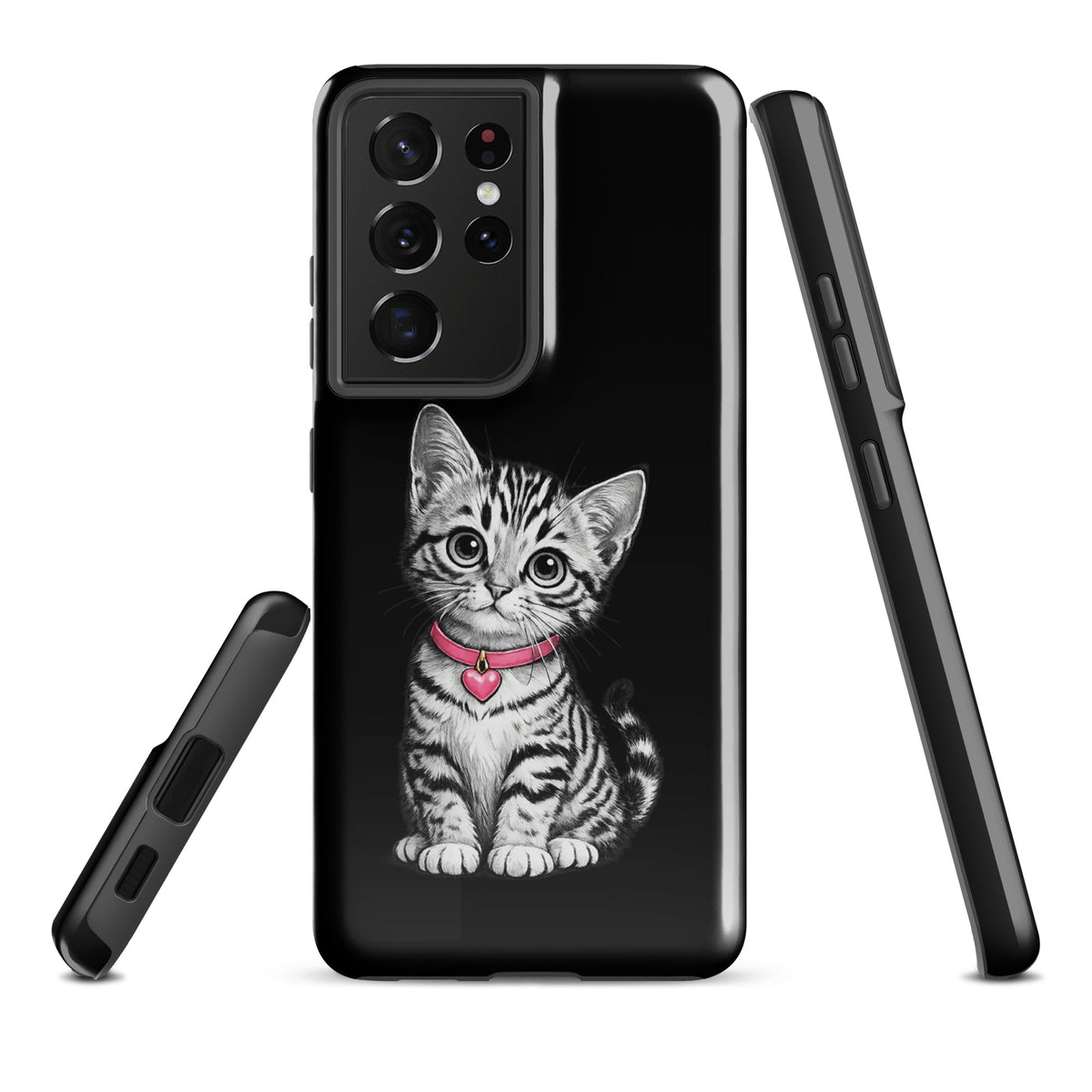 Phone Case for Samsung Galaxy with kitten design and pink heart charm, featuring black-and-white pencil sketch style for stylish protection.