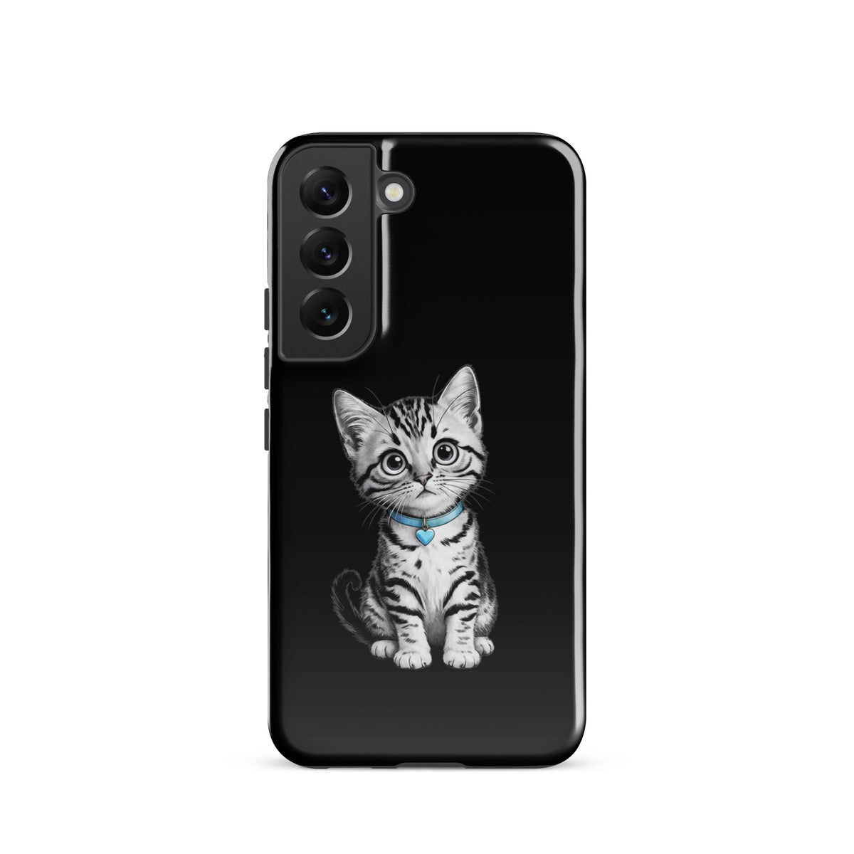 Phone Case for Samsung Galaxy featuring kitten with blue heart charm in pencil sketch design.