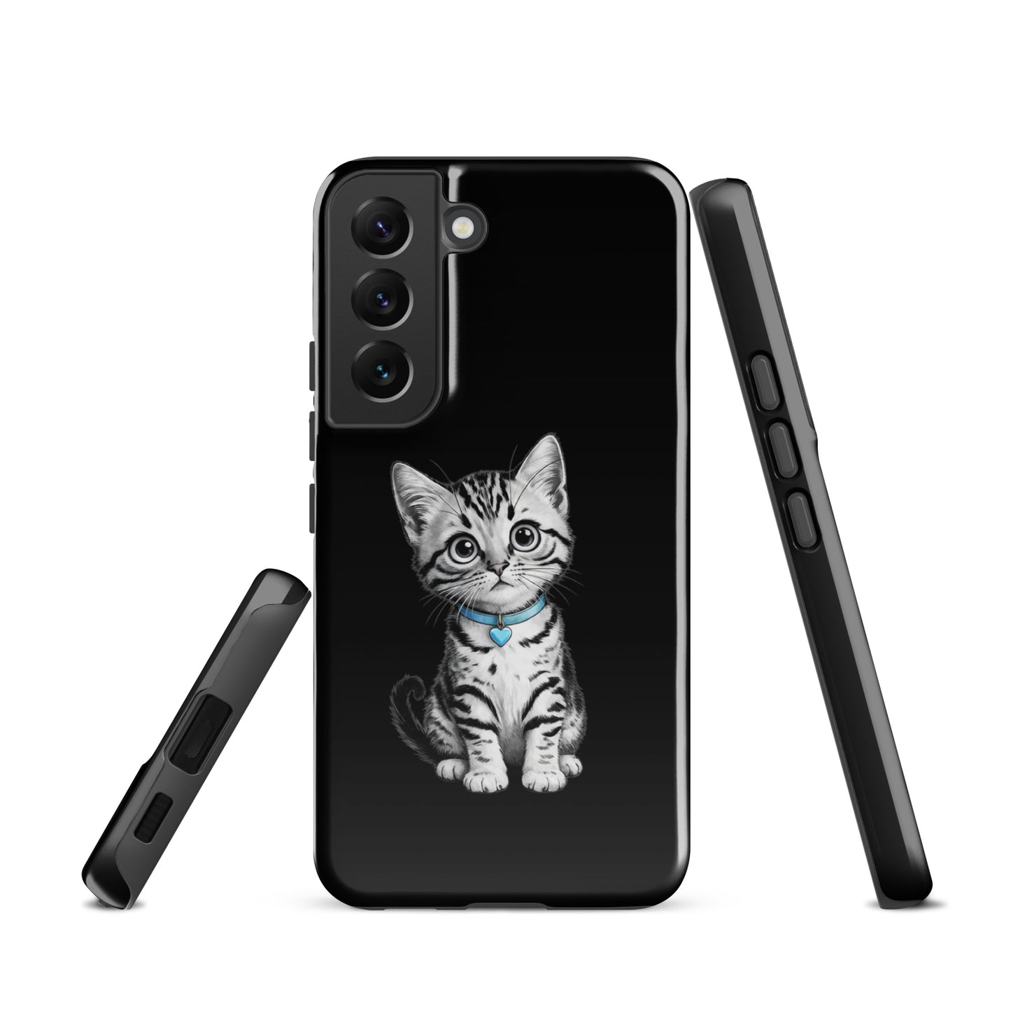Phone Case for Samsung Galaxy featuring pencil sketch kitten with blue heart charm on black background.