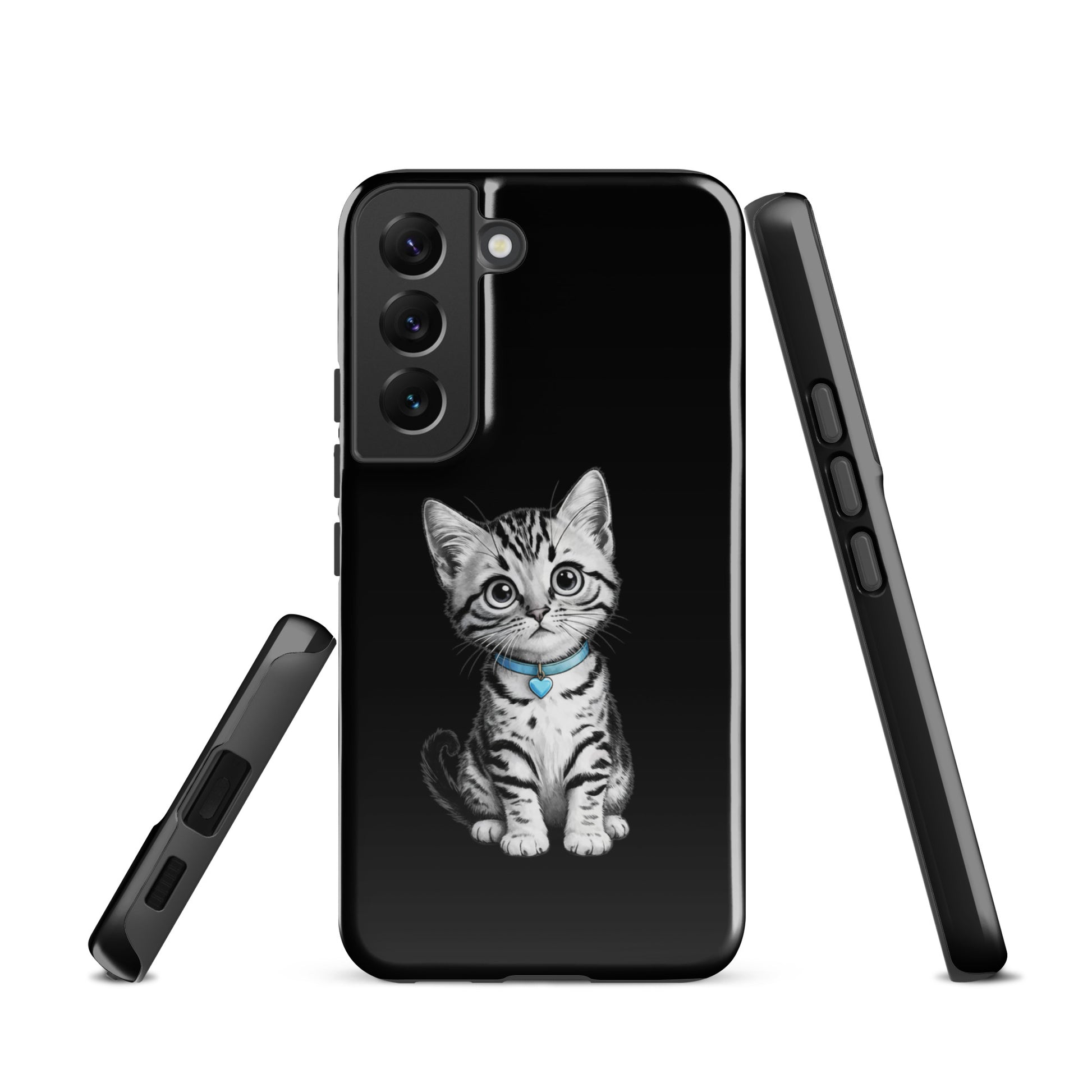 Phone Case for Samsung Galaxy featuring pencil sketch kitten with blue heart charm on black background.
