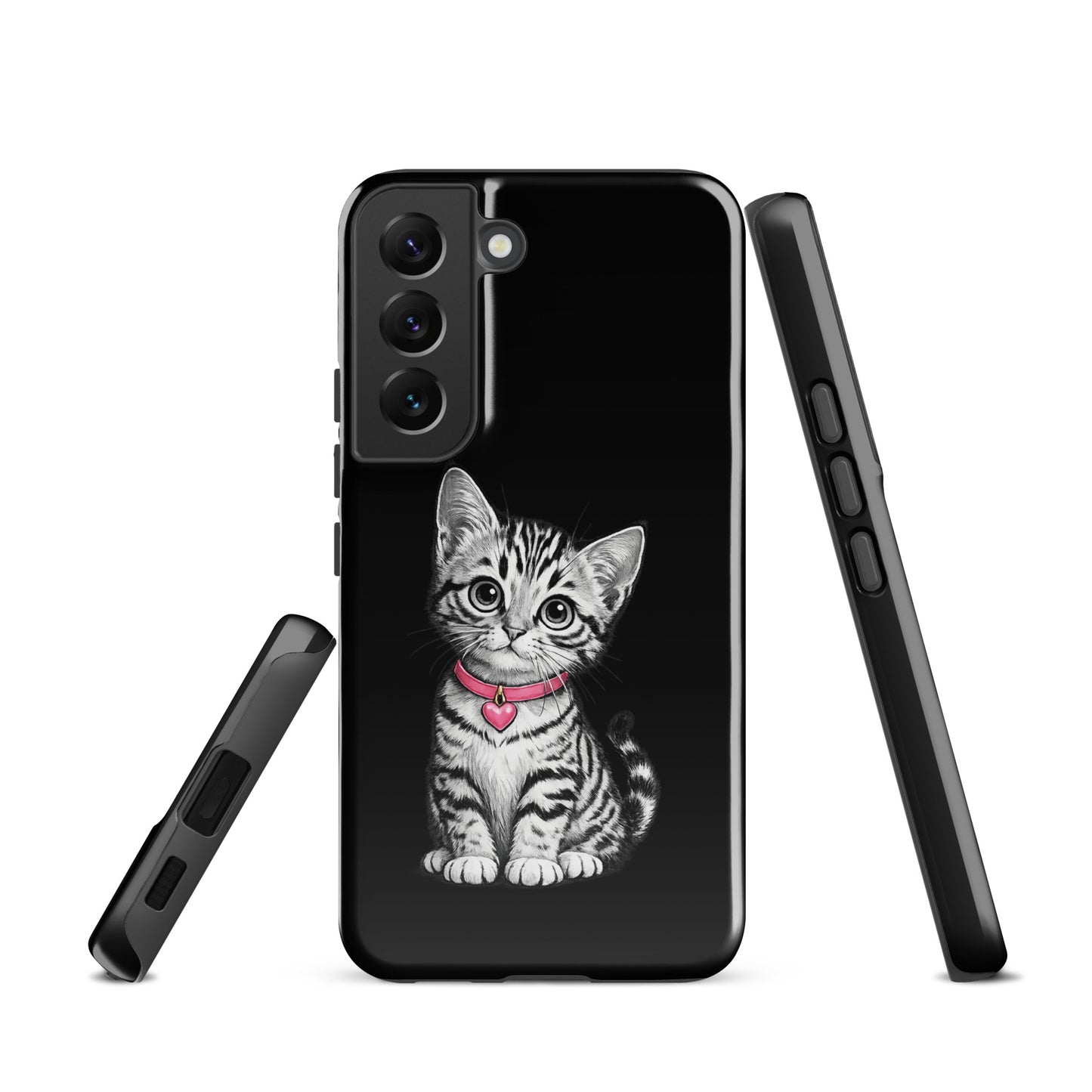 Phone Case for Samsung Galaxy with kitten sketch and pink heart charm, offering artistic charm and protection for your device.
