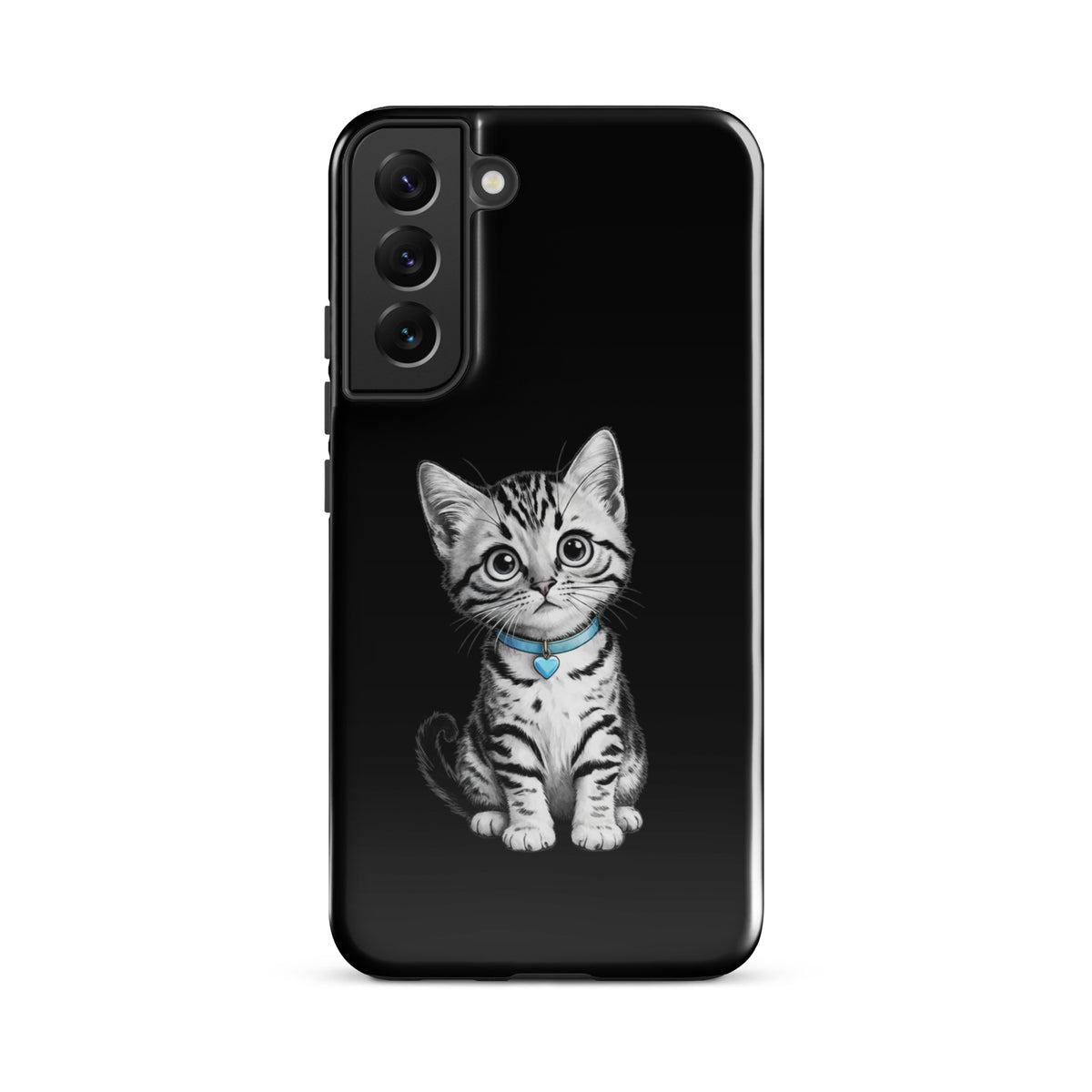 Phone Case for Samsung Galaxy with kitten and blue heart charm design.