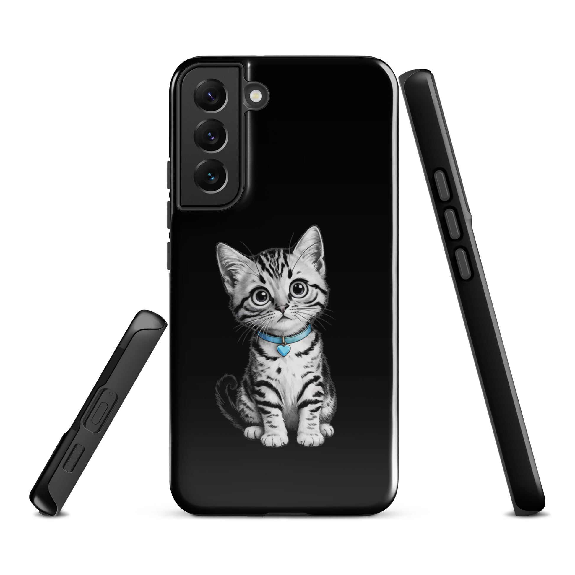 Phone Case for Samsung Galaxy with kitten and blue heart charm design.