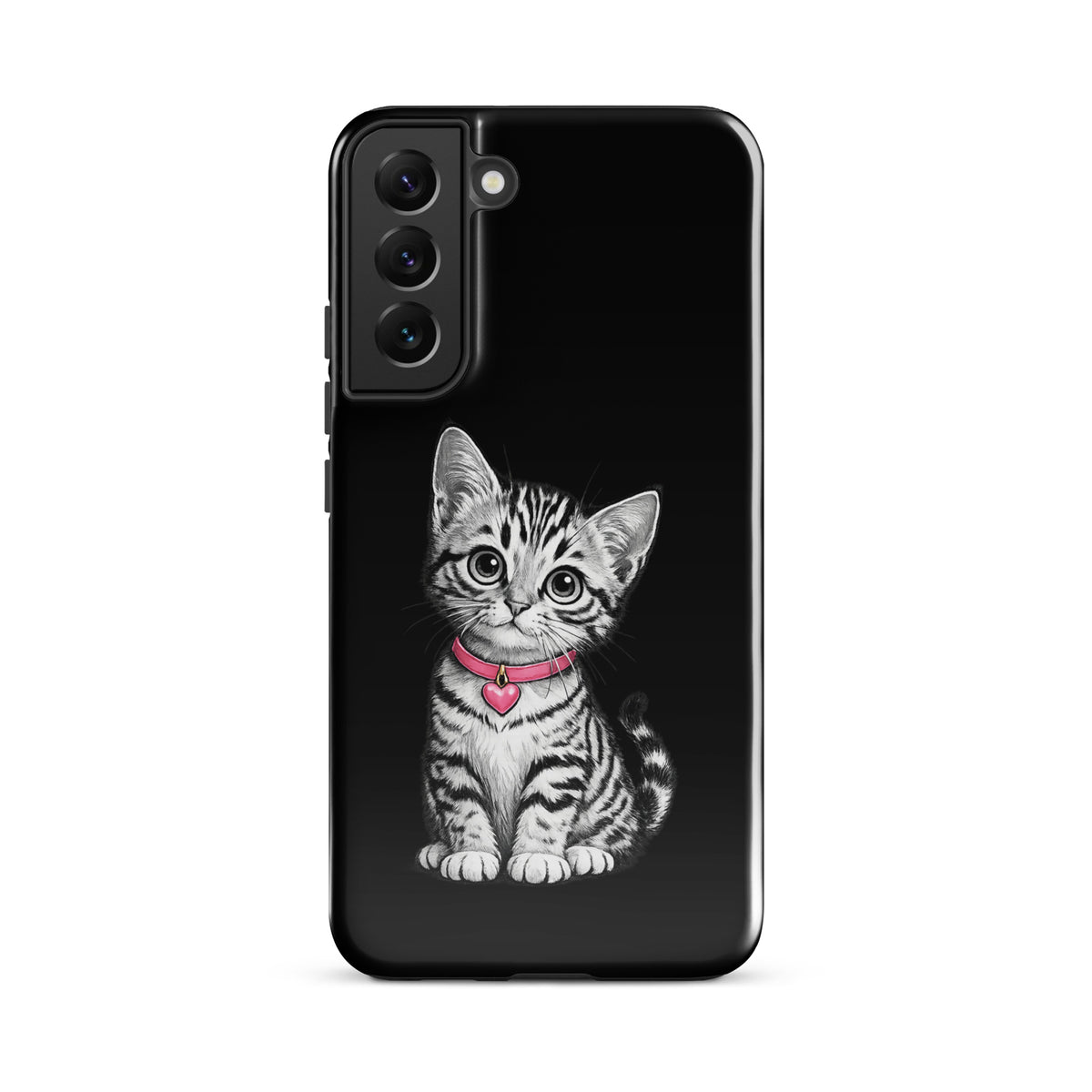Phone Case for Samsung Galaxy featuring a kitten with pink heart charm, pencil-sketch design on black background, offering premium protection.