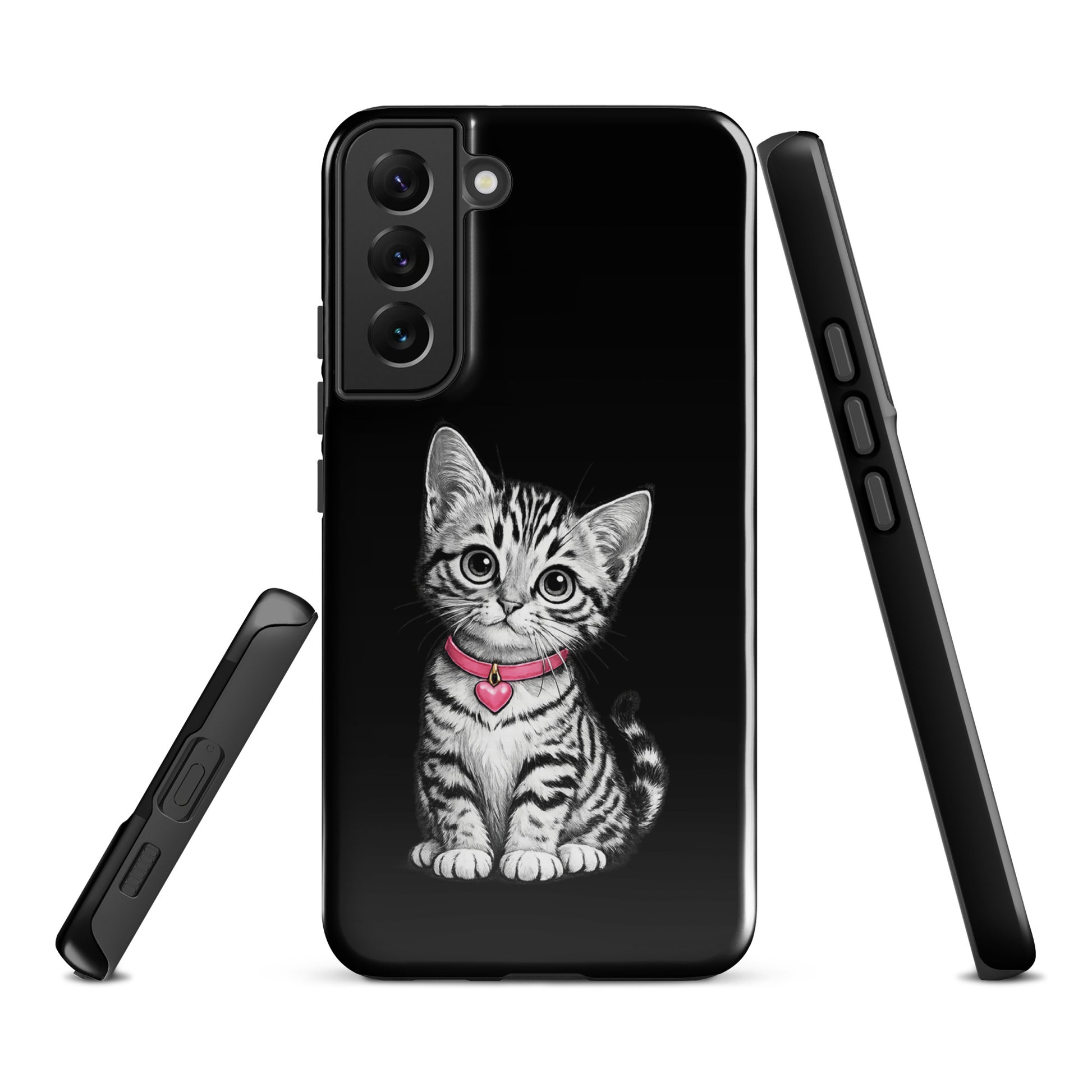 Phone Case for Samsung Galaxy featuring kitten with pink heart charm and pencil sketch design.