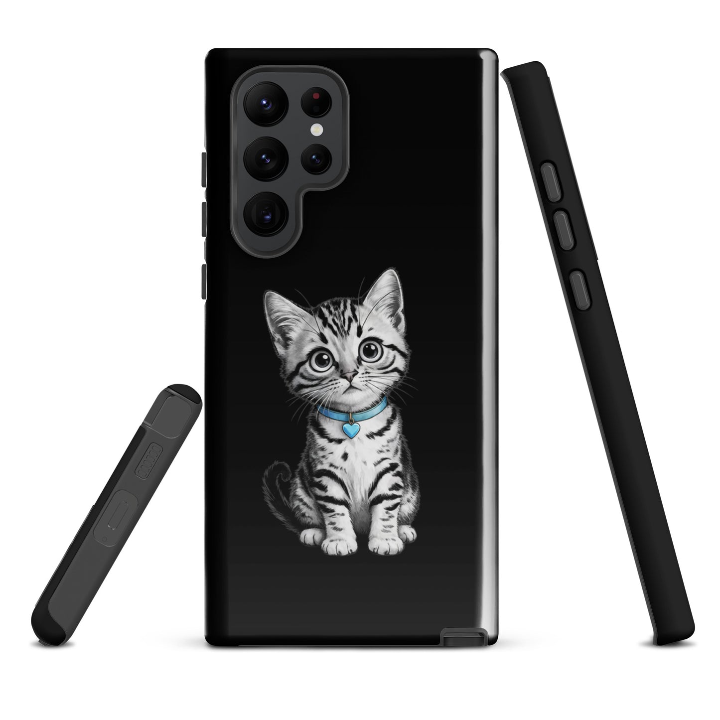 Phone Case for Samsung Galaxy featuring pencil-sketch kitten with blue heart charm on black background for stylish device protection.