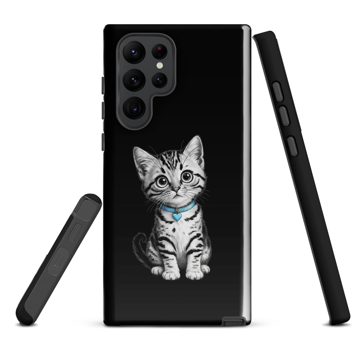 Phone Case for Samsung Galaxy featuring pencil-sketch kitten with blue heart charm on black background for stylish device protection.