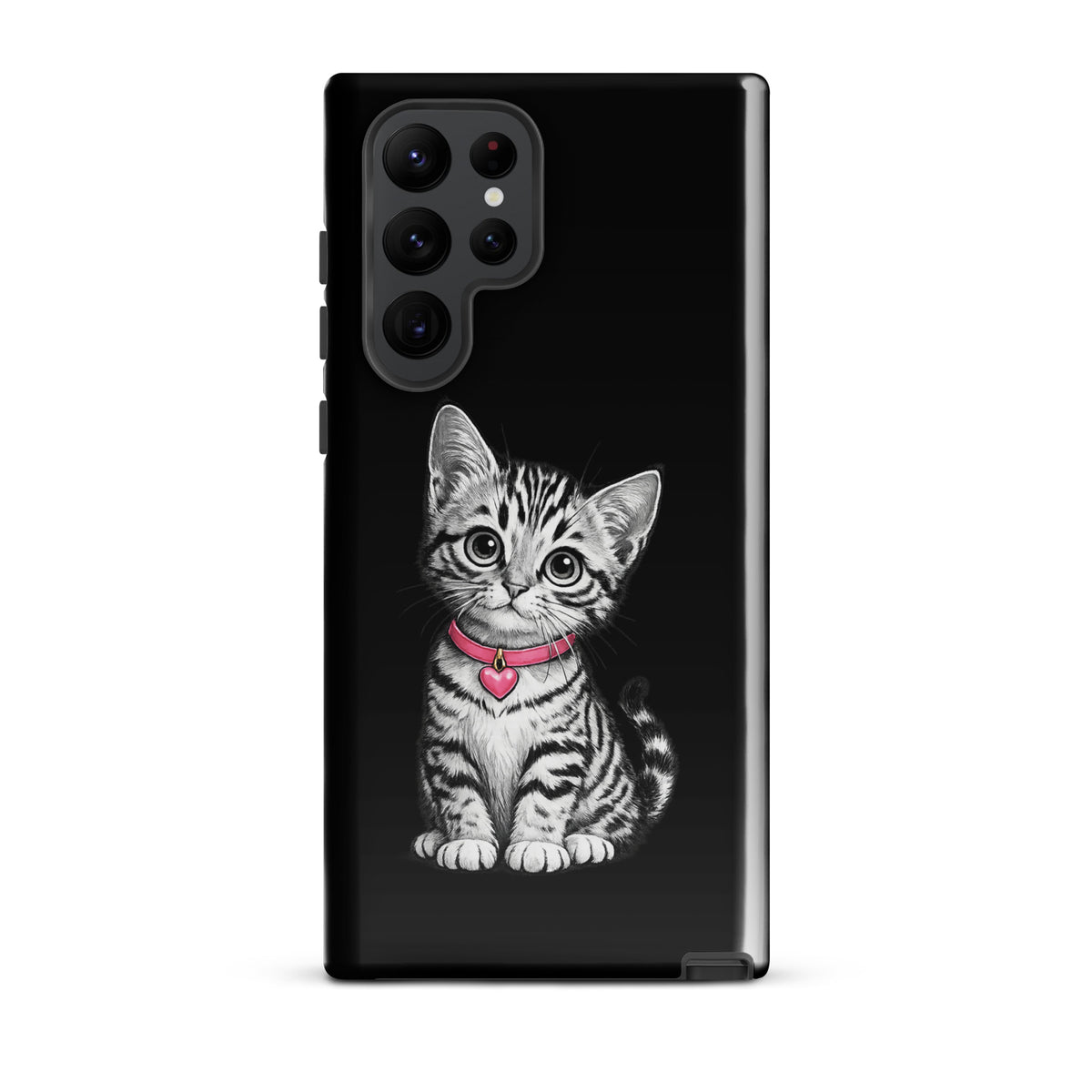 Phone Case for Samsung Galaxy featuring kitten with pink heart charm and pencil-sketch design, enhancing device with artful charm.