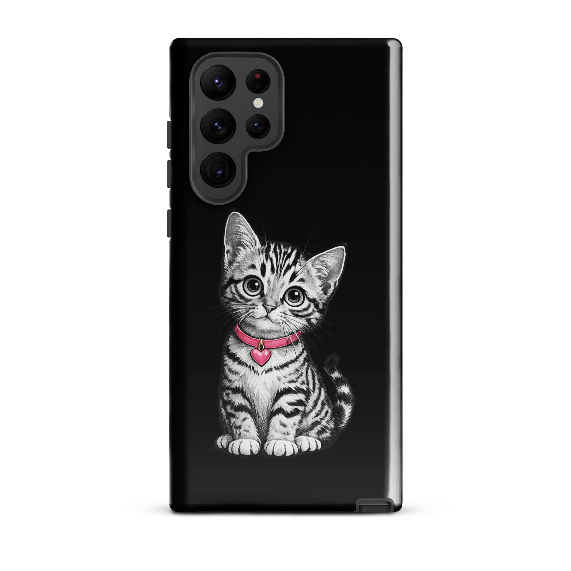 Phone Case for Samsung Galaxy featuring kitten with pink heart charm and pencil-sketch design, enhancing device with artful charm.