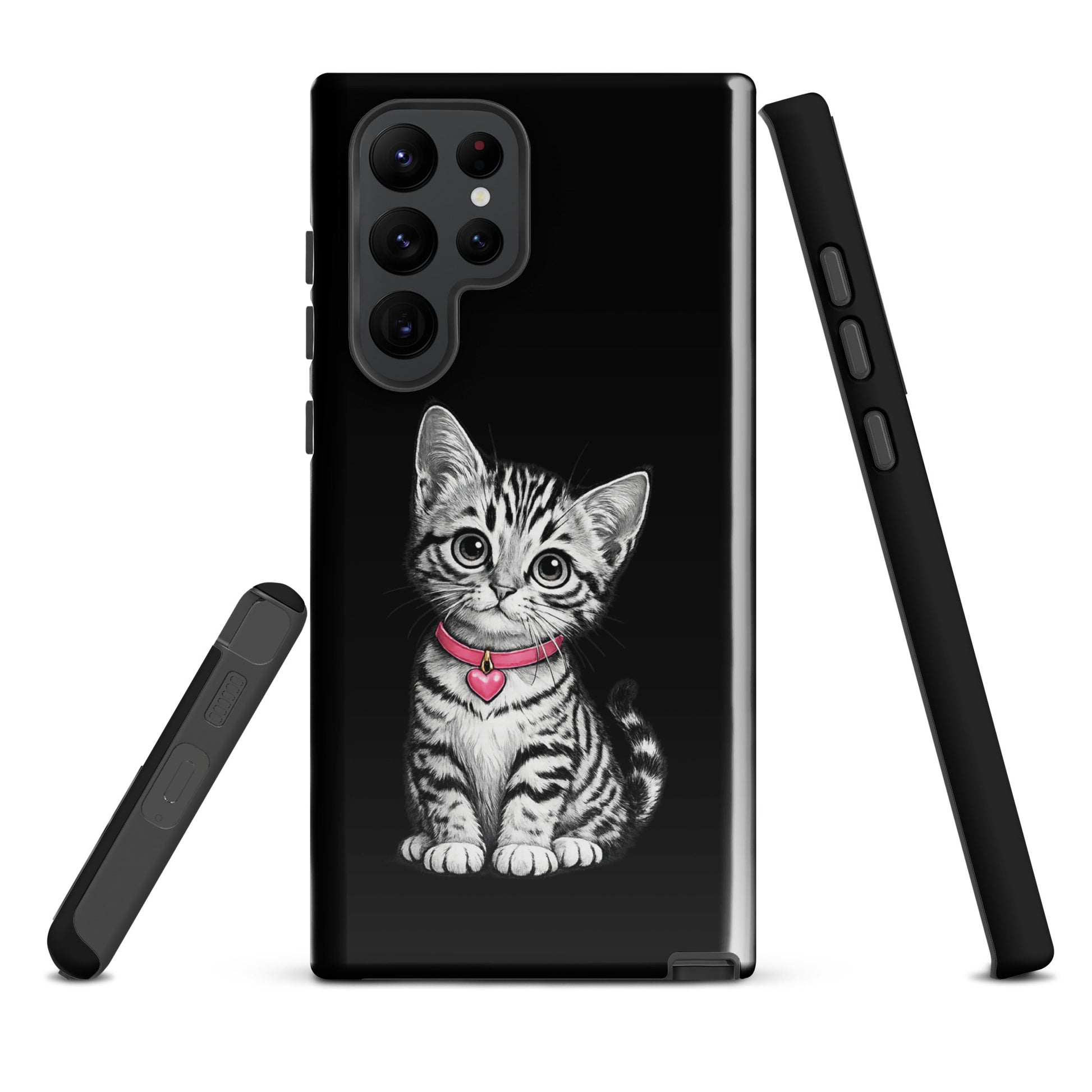 Phone Case for Samsung Galaxy featuring pencil-sketch kitten with pink heart charm, blending artful charm and premium protection.