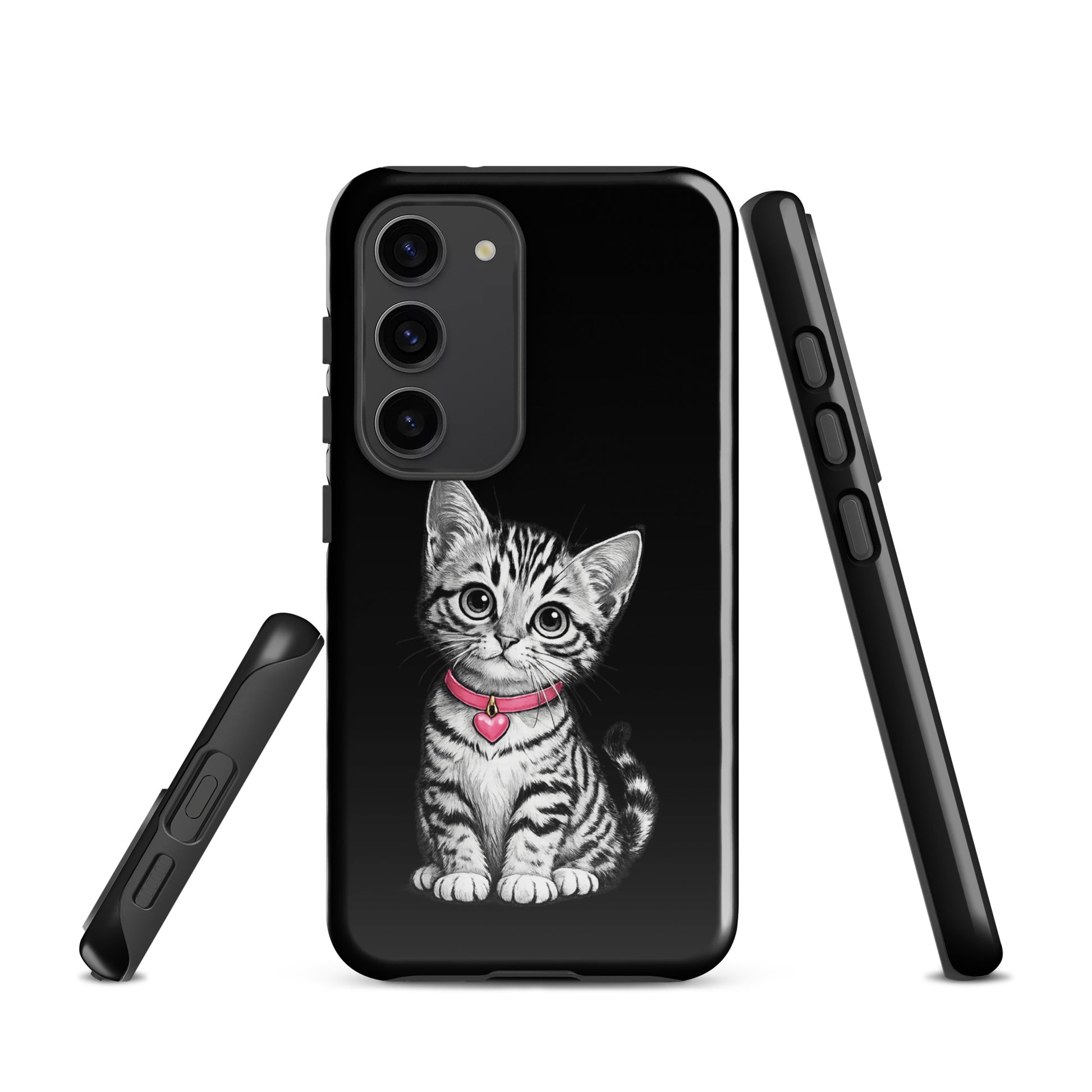 Phone Case for Samsung Galaxy featuring sketch of kitten with pink heart charm, providing protection and style with artistic design.