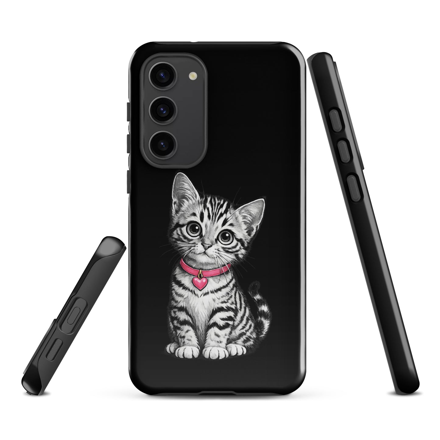 Phone Case for Samsung Galaxy featuring pencil-sketch kitten with pink heart charm, providing stylish protection and artisan appeal.