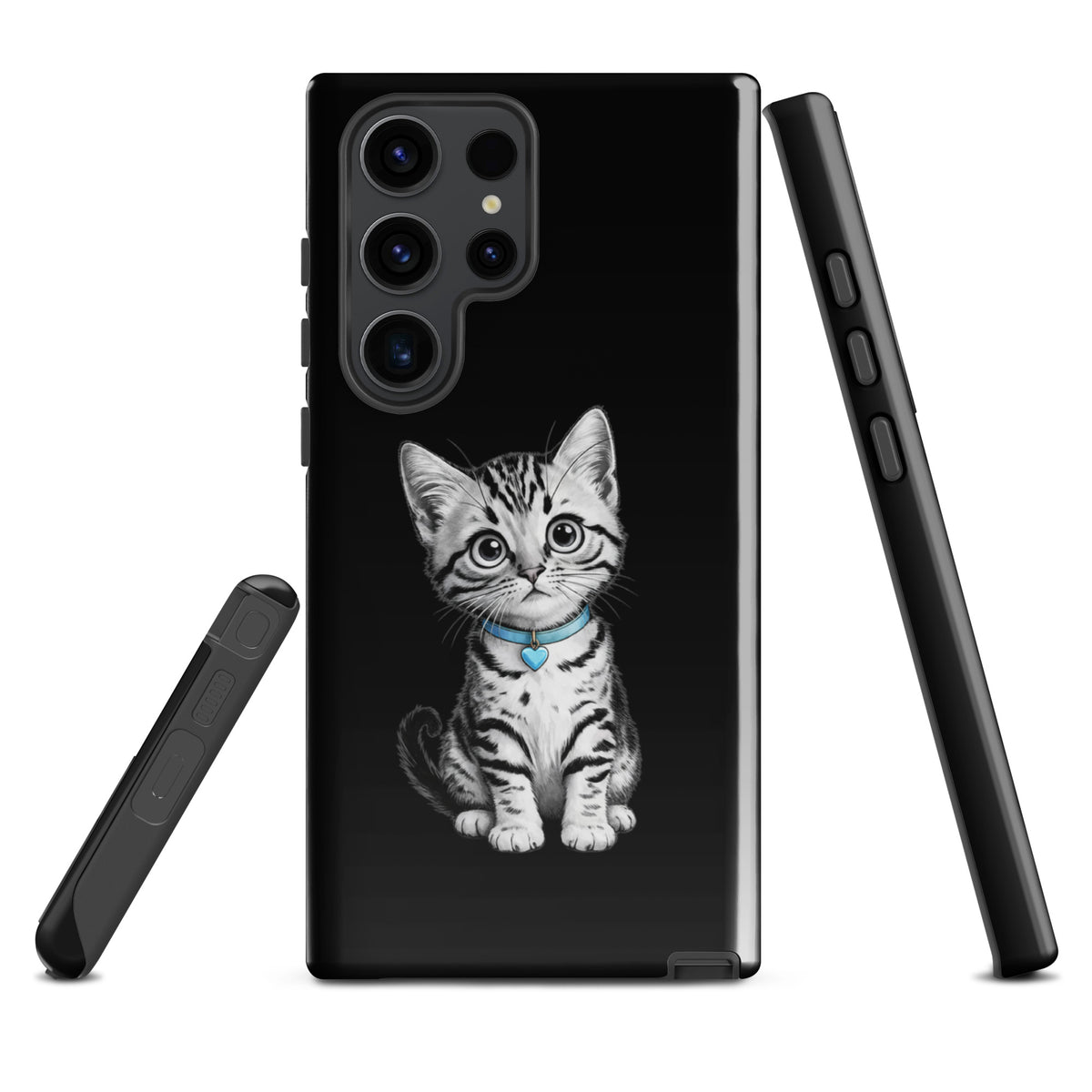 Phone Case for Samsung Galaxy featuring kitten with blue heart charm design in black-and-white pencil sketch style.
