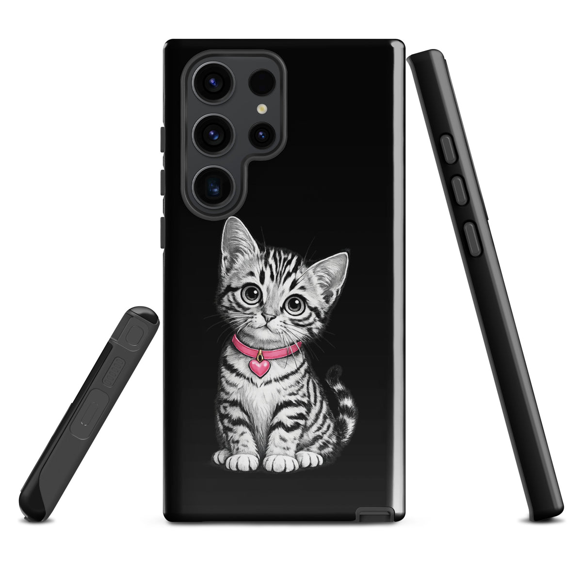 Phone Case for Samsung Galaxy with kitten design and pink heart charm