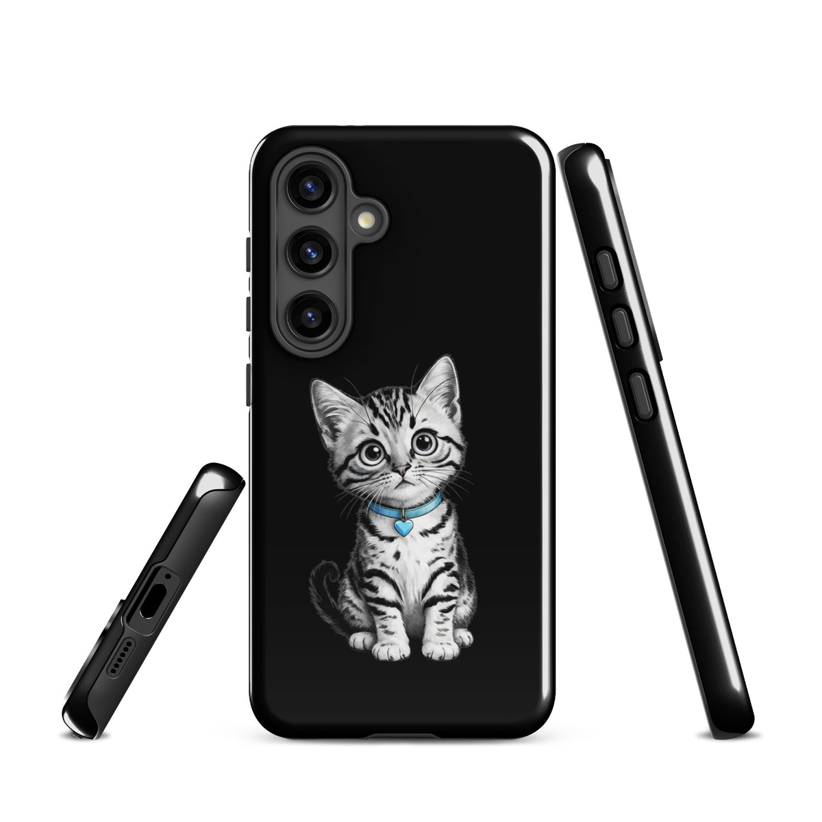 Phone Case for Samsung Galaxy featuring a sketch kitten with a blue heart charm on black background for stylish protection