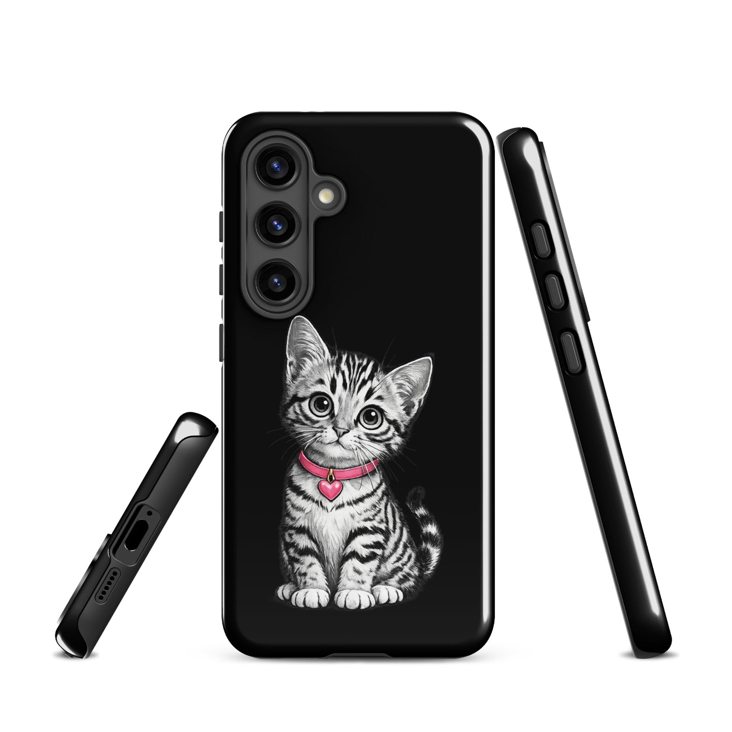 Phone Case for Samsung Galaxy with kitten and pink heart charm design