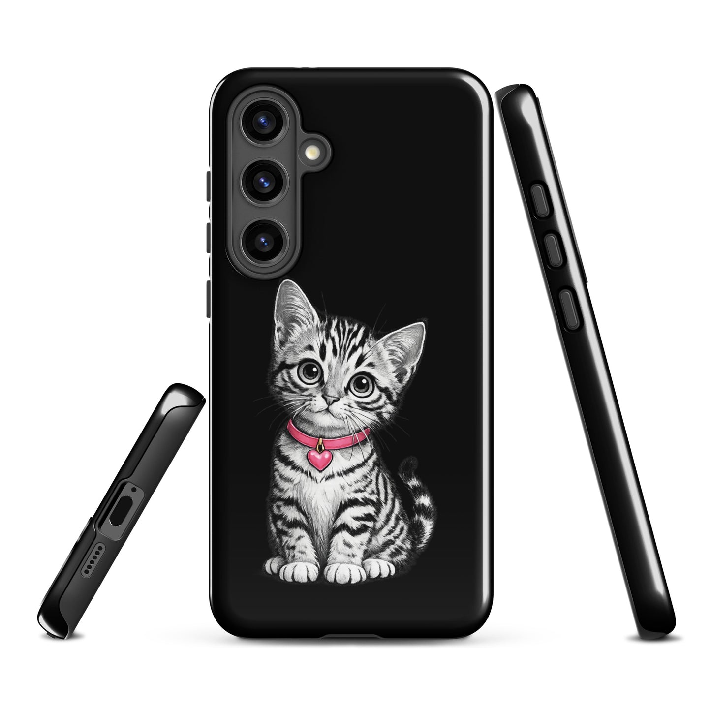 Phone Case for Samsung Galaxy featuring a kitten with pink heart charm in black and white design, artful and protective.