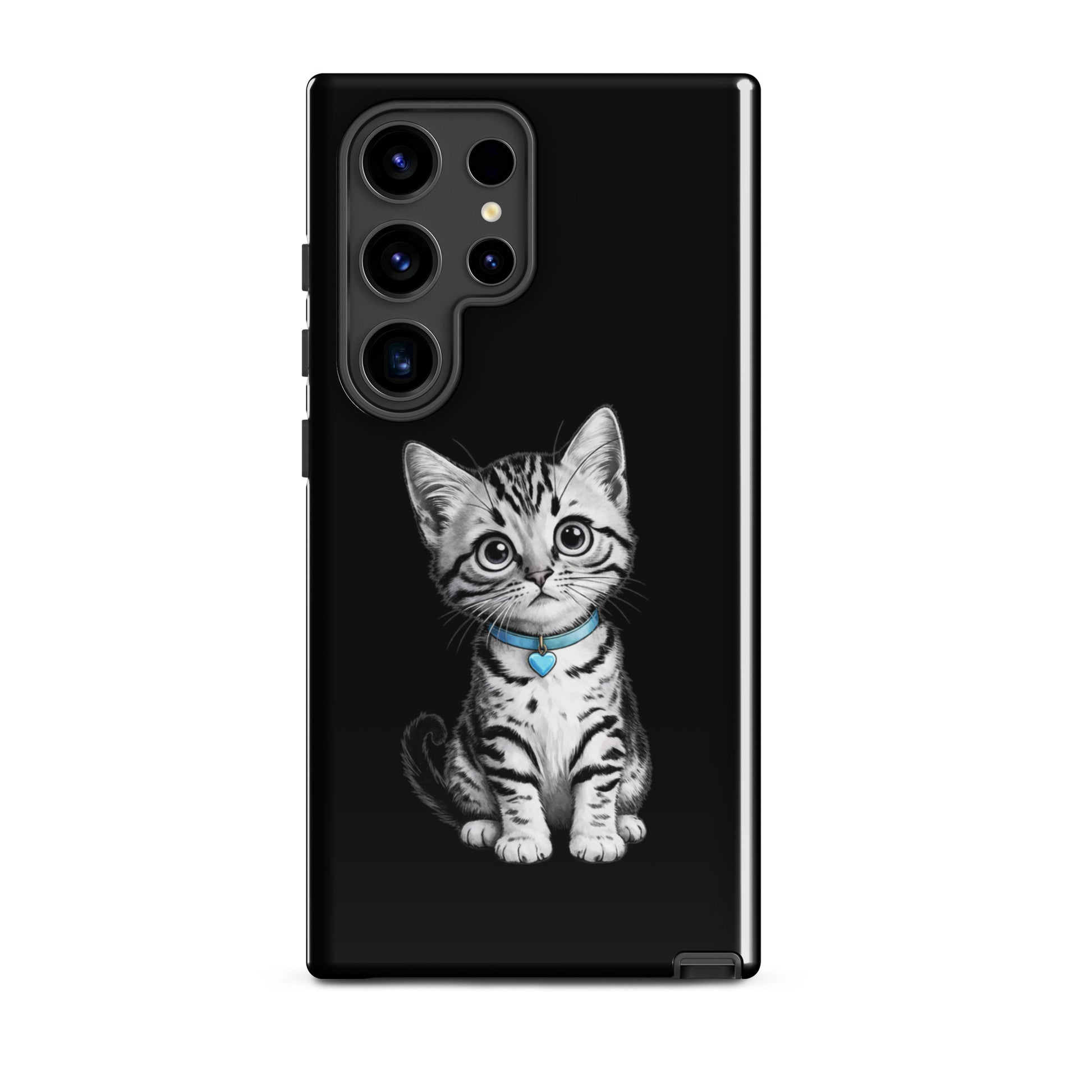 Phone Case for Samsung Galaxy featuring pencil‑sketch kitten with blue heart charm on black design.