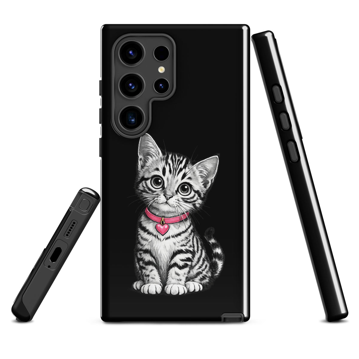 Phone Case for Samsung Galaxy with kitten and pink heart charm design