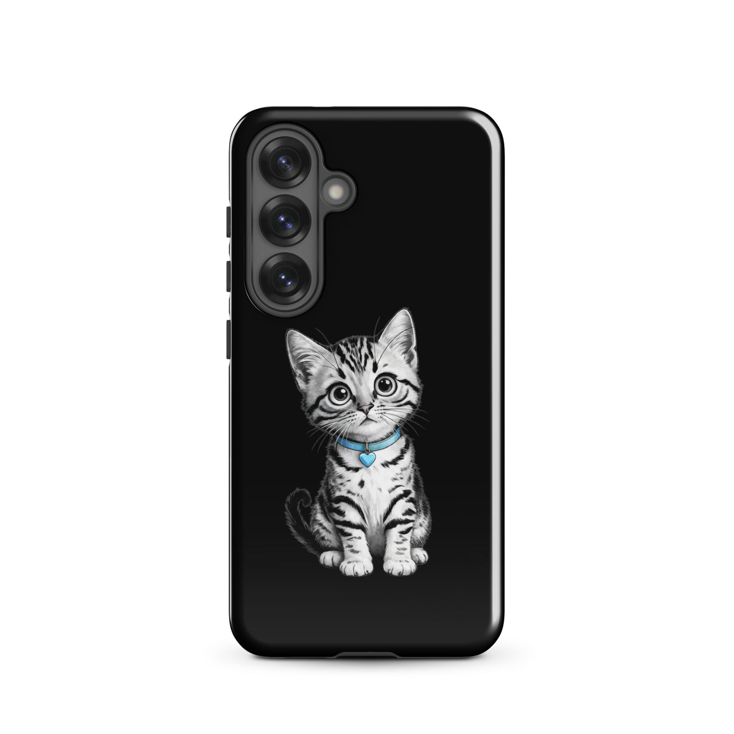 Phone Case for Samsung Galaxy with pencil-sketch kitten and blue heart charm on a black background.