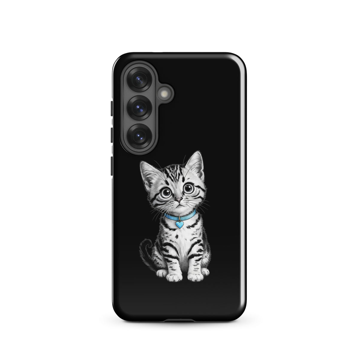 Phone Case for Samsung Galaxy with pencil-sketch kitten and blue heart charm on a black background.