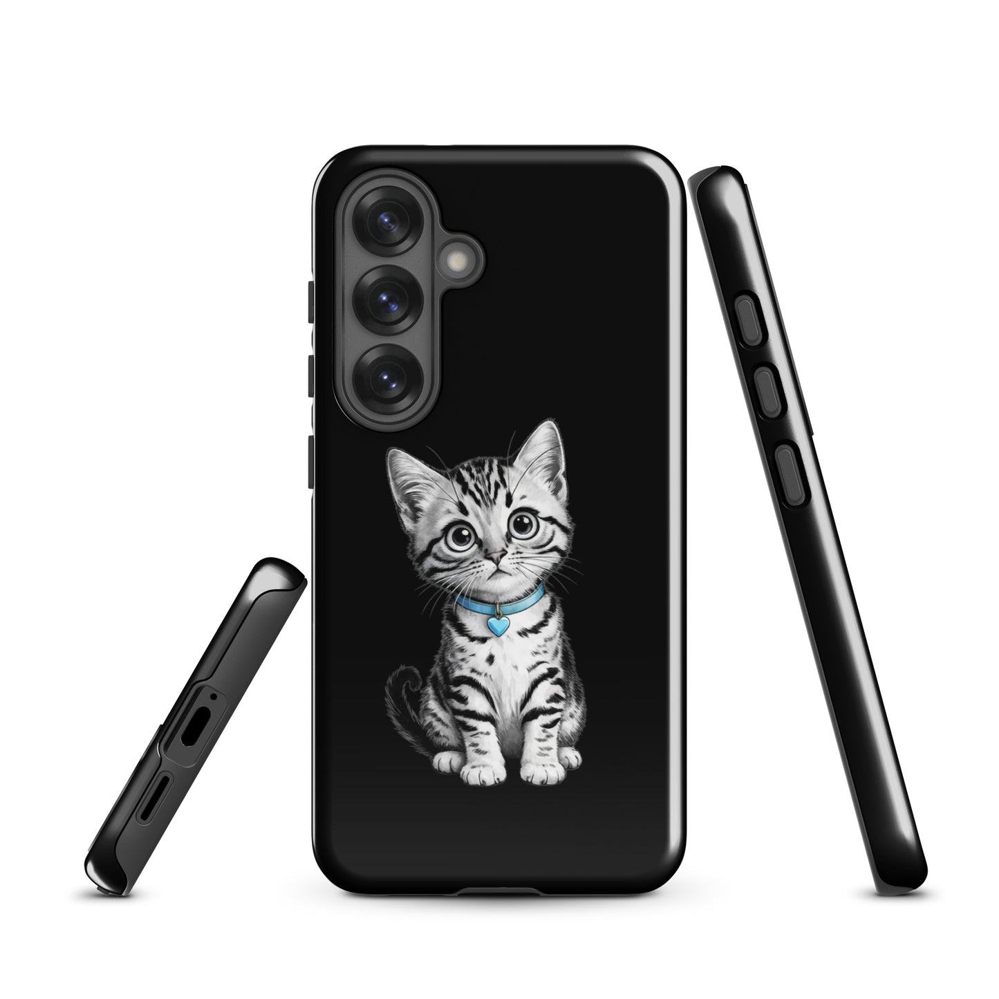 Phone Case for Samsung Galaxy featuring pencil-sketch kitten with blue heart charm, black and white design.