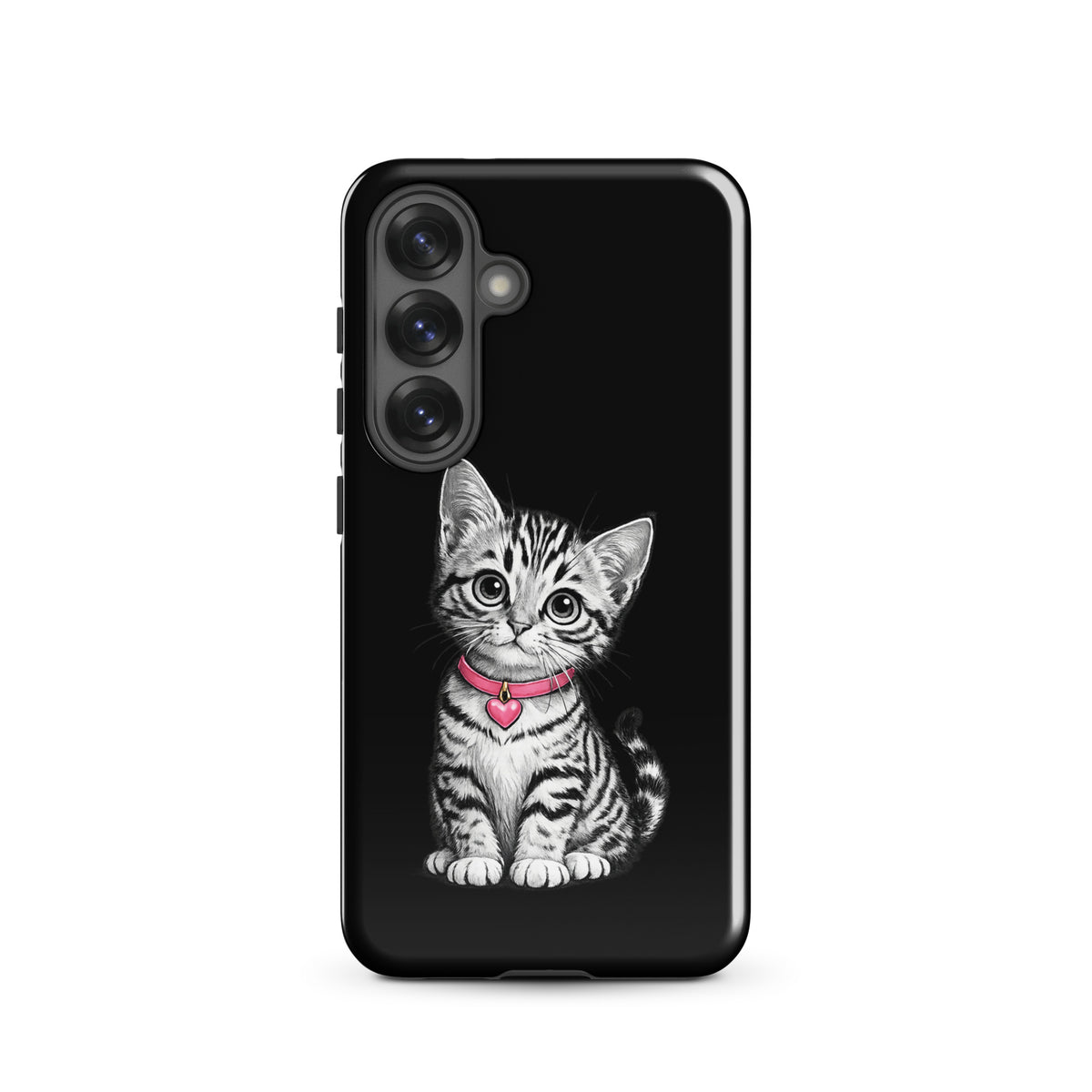 Phone Case for Samsung Galaxy featuring a sketch of a kitten with a pink heart charm on a black background.