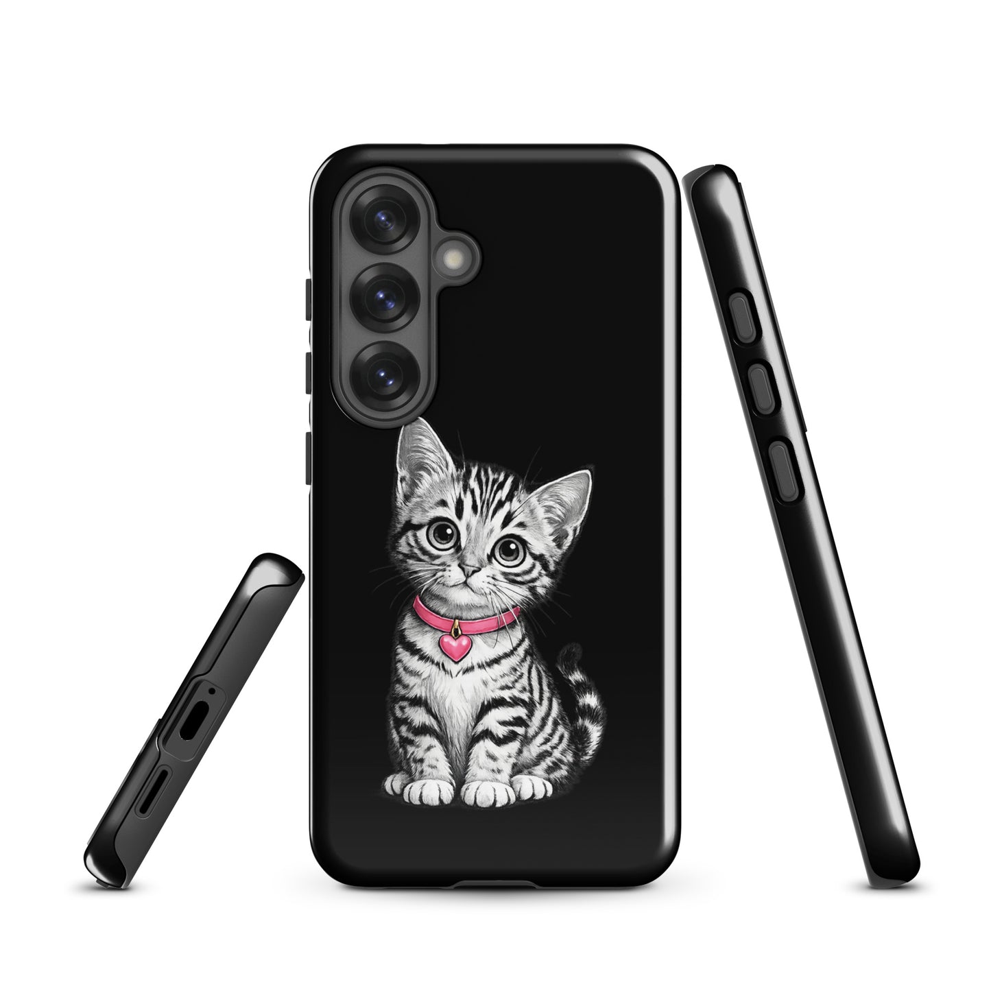 Phone Case for Samsung Galaxy with kitten design and pink heart charm, offering stylish protection with a cute pencil sketch kitty.