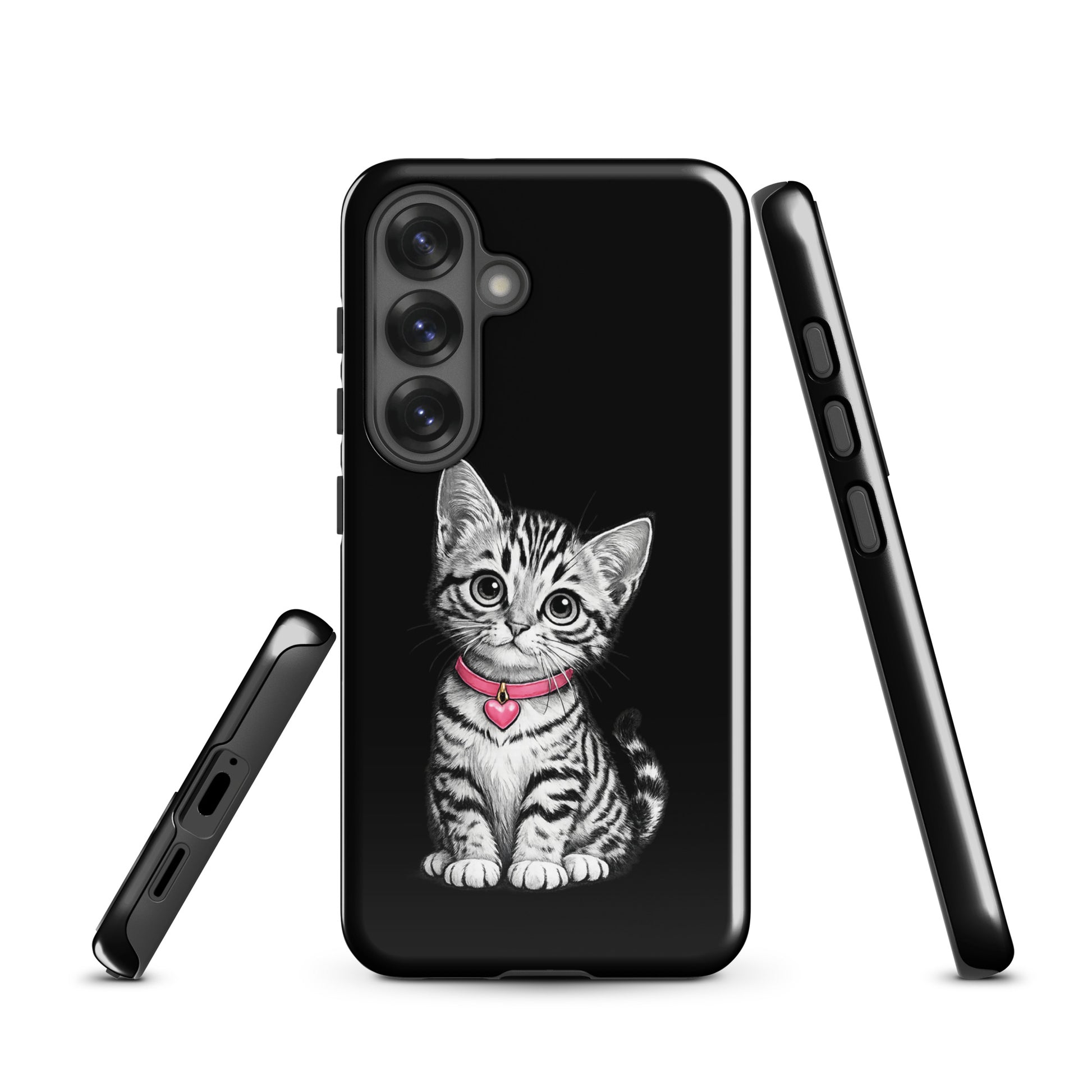 Phone Case for Samsung Galaxy with kitten design and pink heart charm, offering stylish protection with a cute pencil sketch kitty.