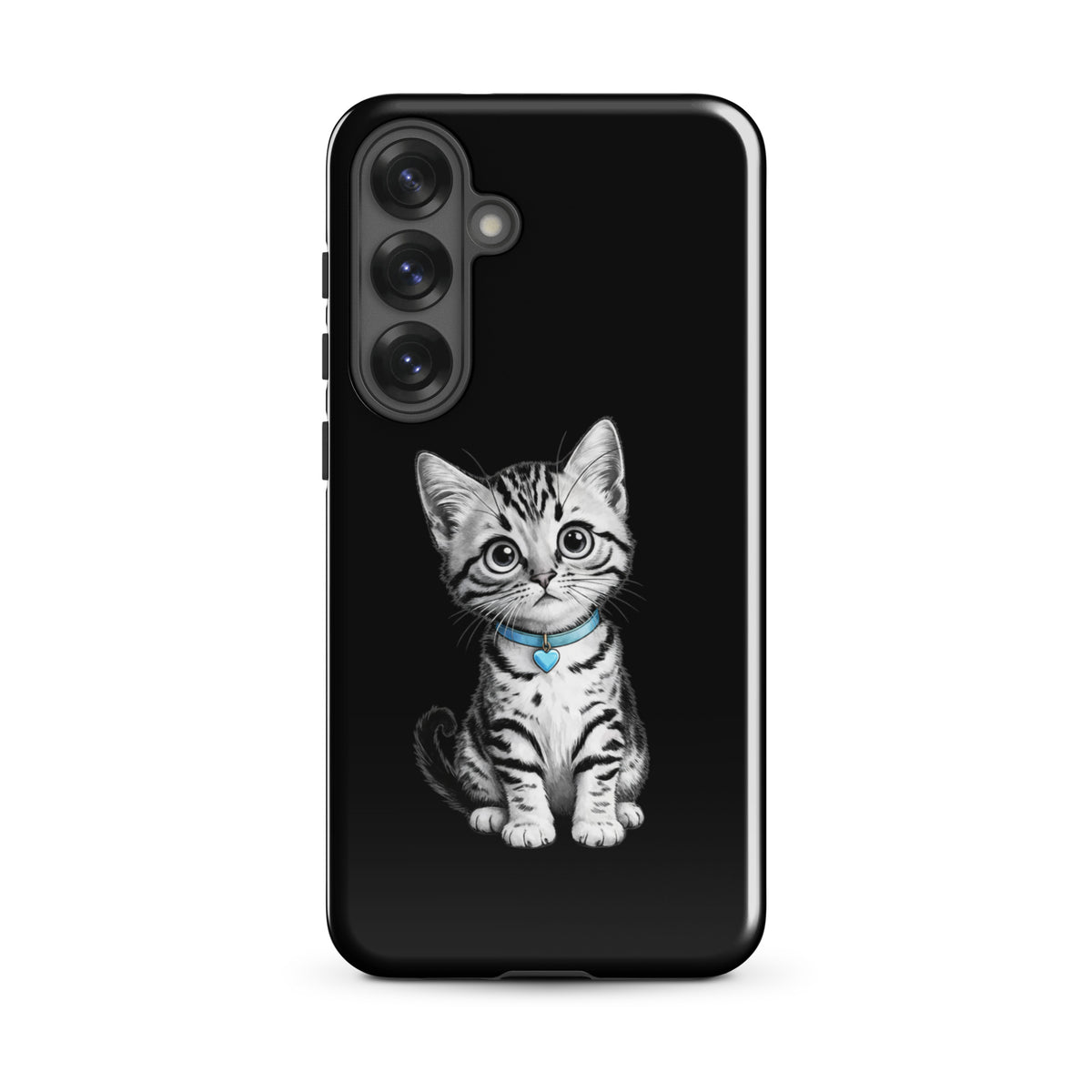 Phone Case for Samsung Galaxy with kitten design and blue heart charm.