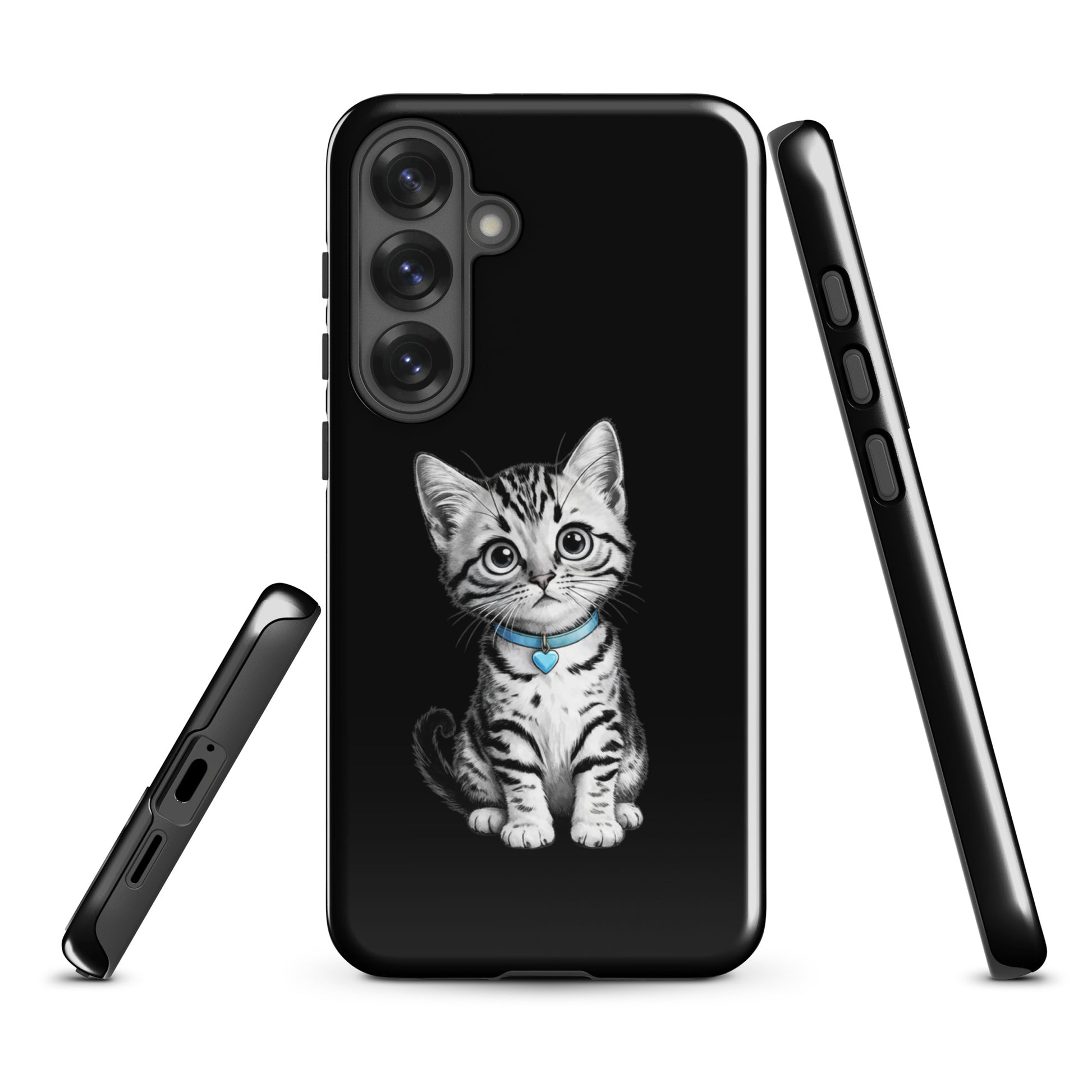 Phone Case for Samsung Galaxy with kitten sketch and blue heart charm