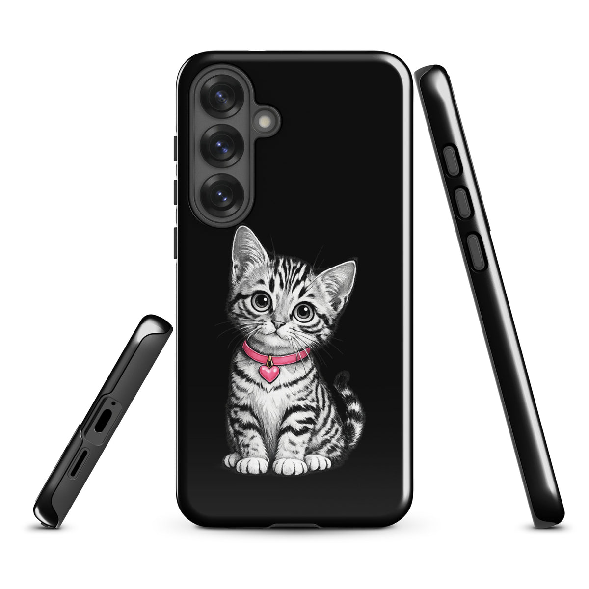 Phone Case for Samsung Galaxy featuring a pencil-sketch kitten with a pink heart charm collar on a black background