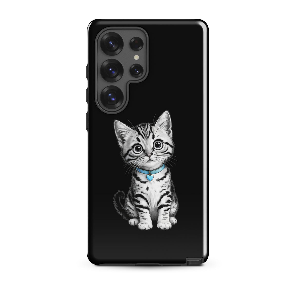Phone Case for Samsung Galaxy with kitten and blue heart charm, featuring black-and-white pencil-sketch design.